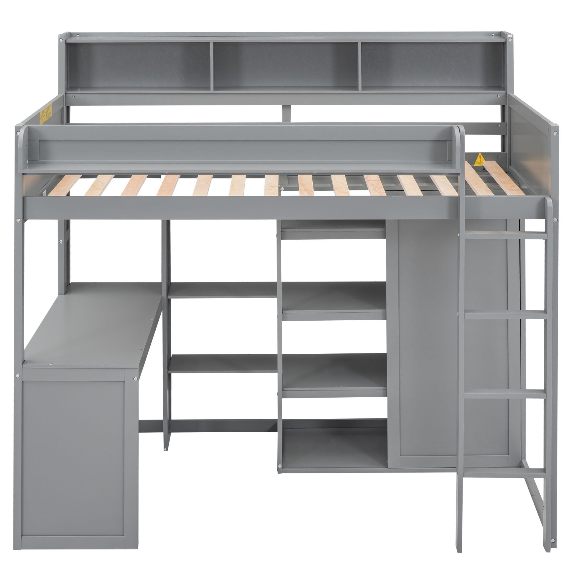 Wood Twin Size Loft bed with Multiple Storage Shelves and Wardrobe, Gray - Abrihome