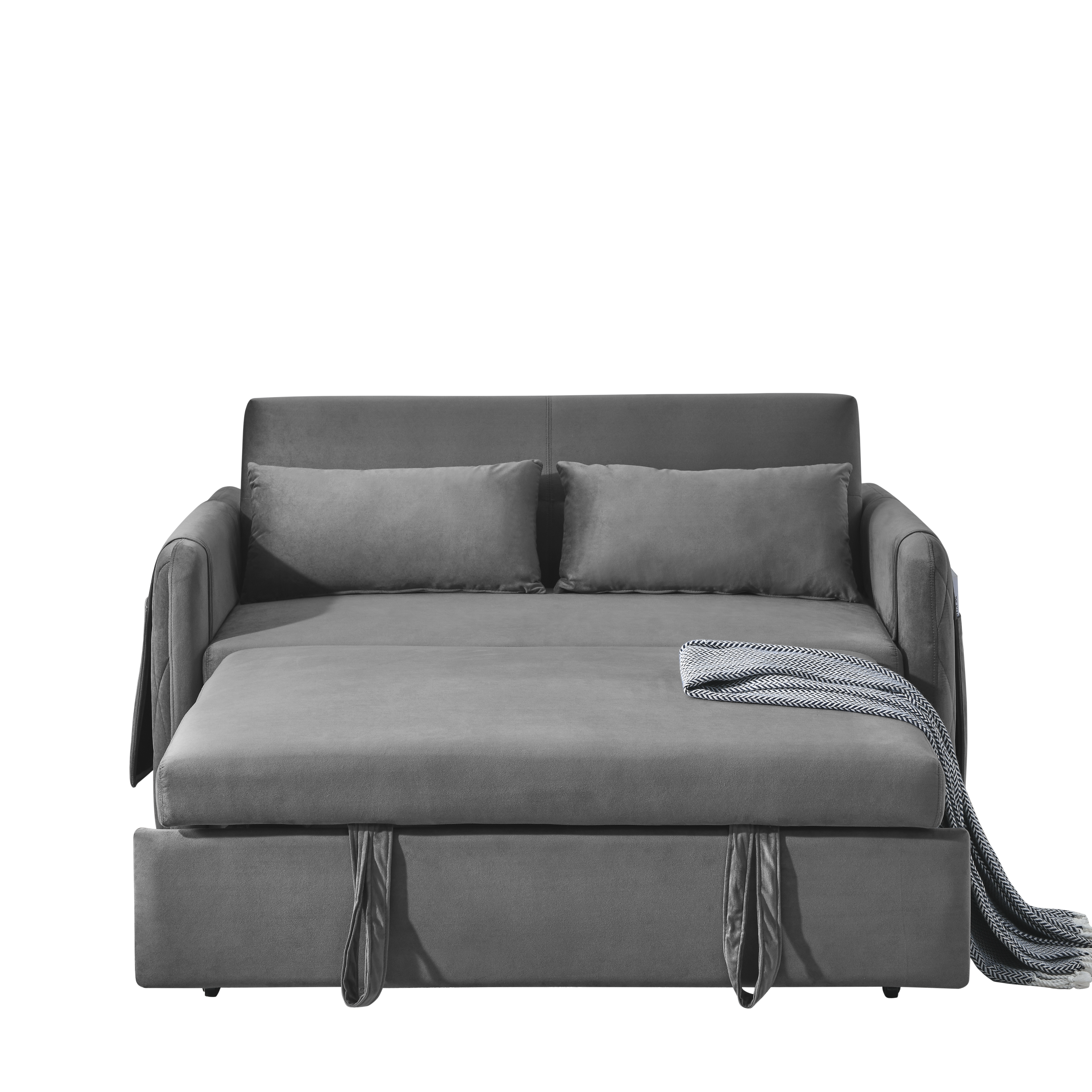 55" Modern Convertible Sofa Bed with 2 Detachable Arm Pockets, Velvet Loveseat Sofa with Pull Out Bed, 2 Pillows and Living Room Adjustable Backrest, Grid Design Armrests