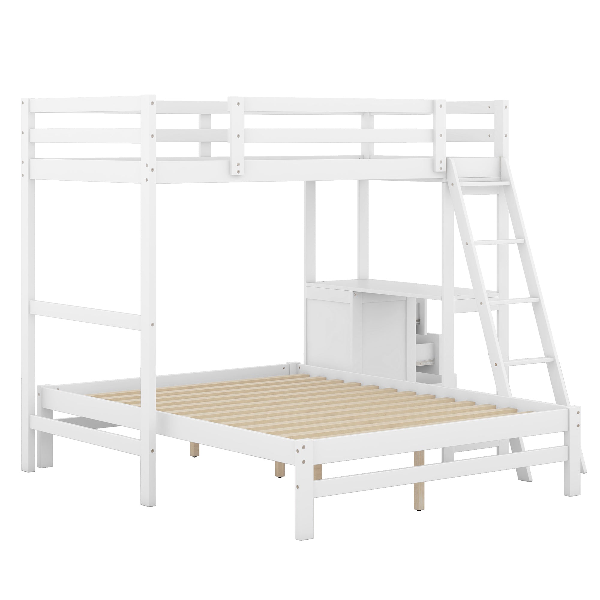 Twin over Full Bunk Bed with Built-in Desk and Three Drawers,White - Abrihome