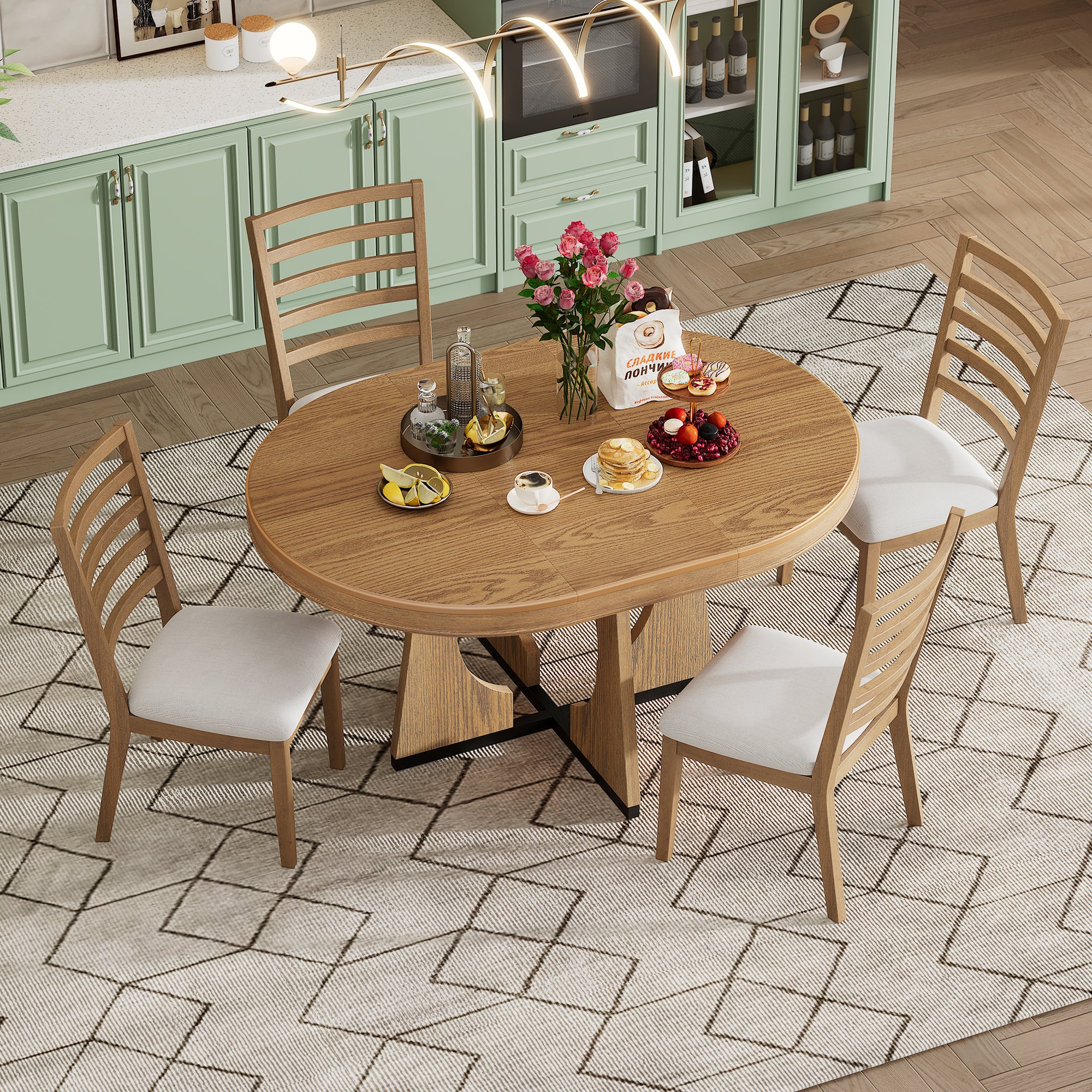 TREXM 5-Piece Retro Rustic Functional Dining Set Unique Geometric Design, 1 Extendable Table with a 16-inch Leaf and 4 Upholstered Chairs Ideal for Dining Room and Kitchen (Natural) - Abrihome