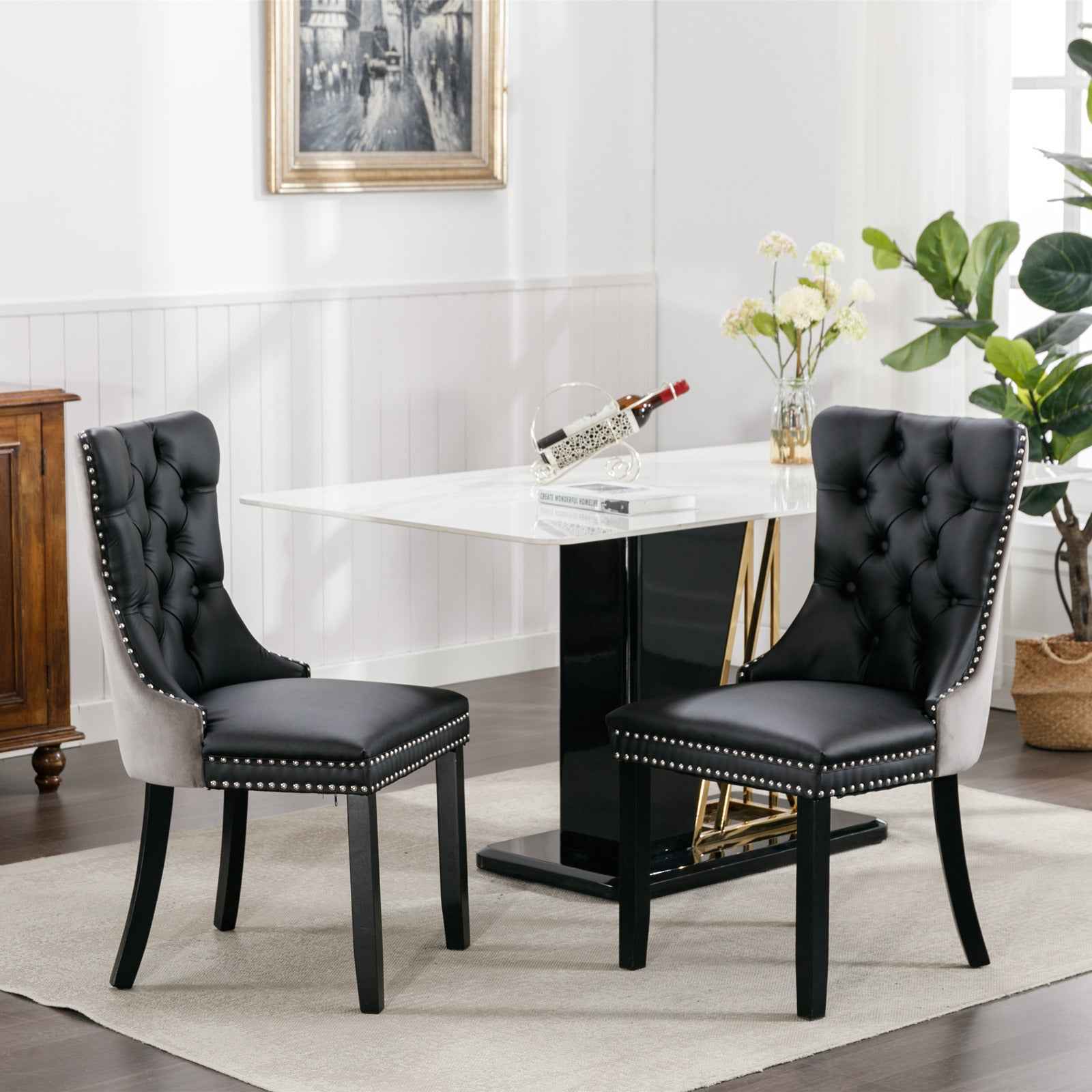 A&A Furniture,Nikki Collection Modern, High-end Tufted Solid Wood Contemporary PU and Velvet Upholstered Dining Chair with Wood Legs Nailhead Trim 2-Pcs Set,Black+Gray, SW2101BG