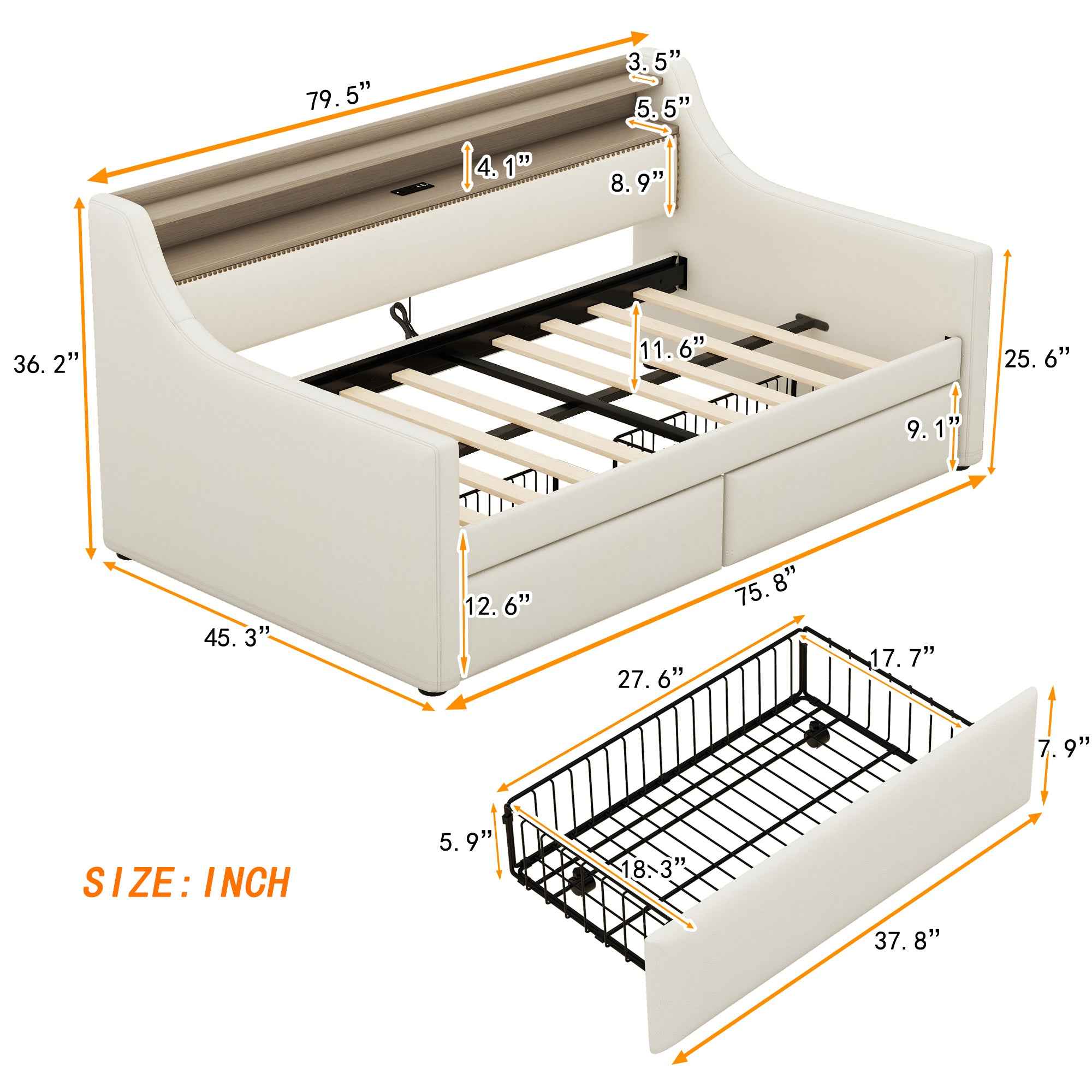 Twin Size Daybed with Storage Drawers, Upholstered Daybed with Charging Station and LED Lights, Beige (Old Item W1580S00022)