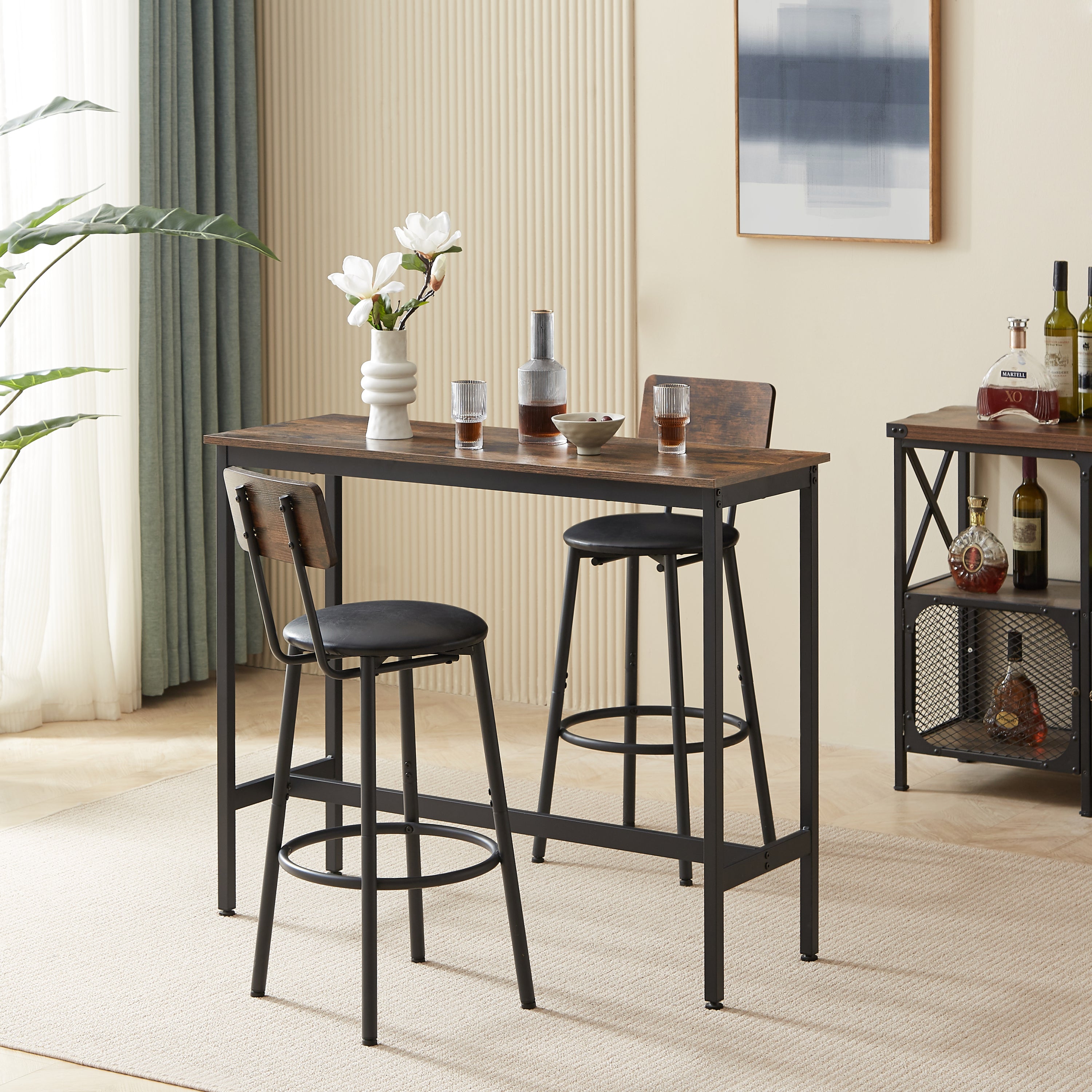 Bar Table Set with 2 Bar stools PU Soft seat with backrest, Rustic Brown, 43.31'' L x 15.75'' W x 35.43'' H. - Abrihome