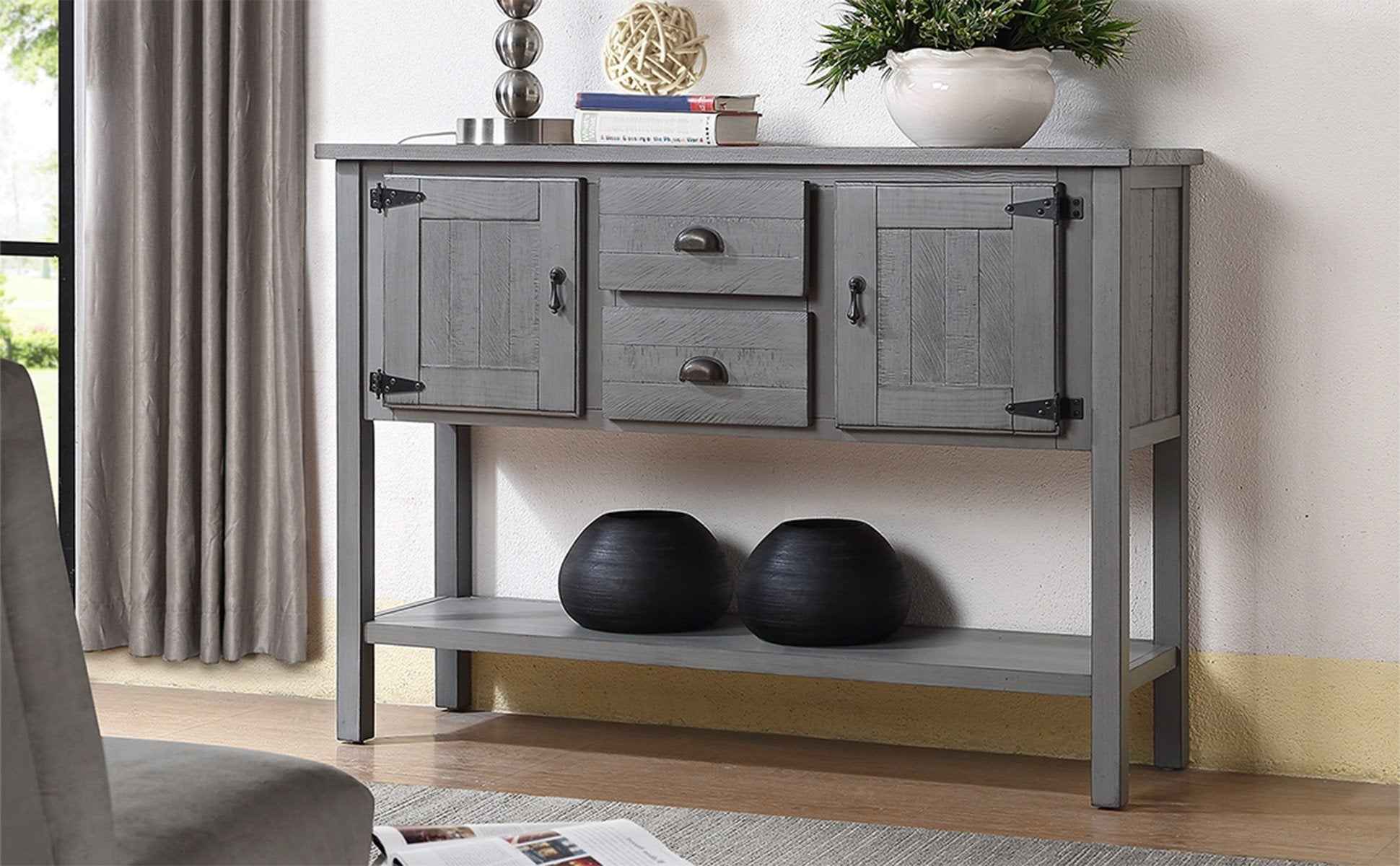 48'' Solid Wood Sideboard Console Table with 2 Drawers and Cabinets and Bottom Shelf, Retro Style Storage Dining Buffet Server Cabinet for Living Room Kitchen Dining Room(Antique Gray)