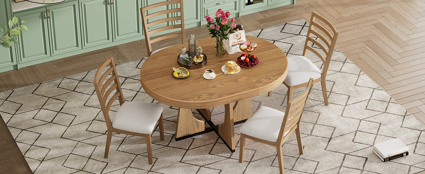 TREXM 5-Piece Retro Rustic Functional Dining Set Unique Geometric Design, 1 Extendable Table with a 16-inch Leaf and 4 Upholstered Chairs Ideal for Dining Room and Kitchen (Natural) - Abrihome