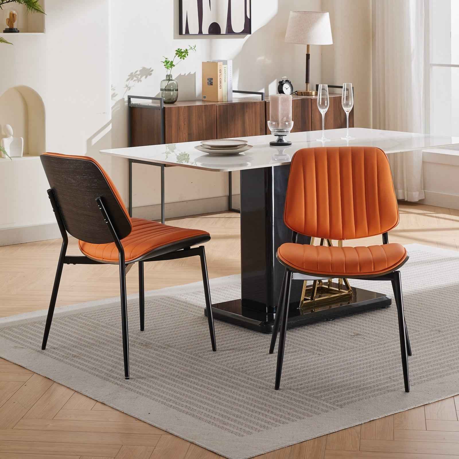 A&A Furniture, Dining Chairs Set of 2 Mid Century Modern Retro Faux Leather Chair with Walnut Bentwood Back Upholstered Seat Metal Legs Adjustable Foot for Kitchen Dining Room Chairs(Orange PU)