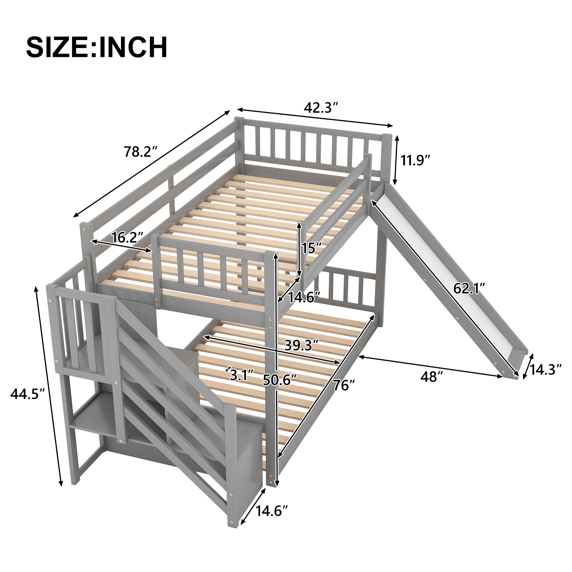 Twin over Twin Bunk Bed with Convertible Slide and Stairway, Gray - Abrihome