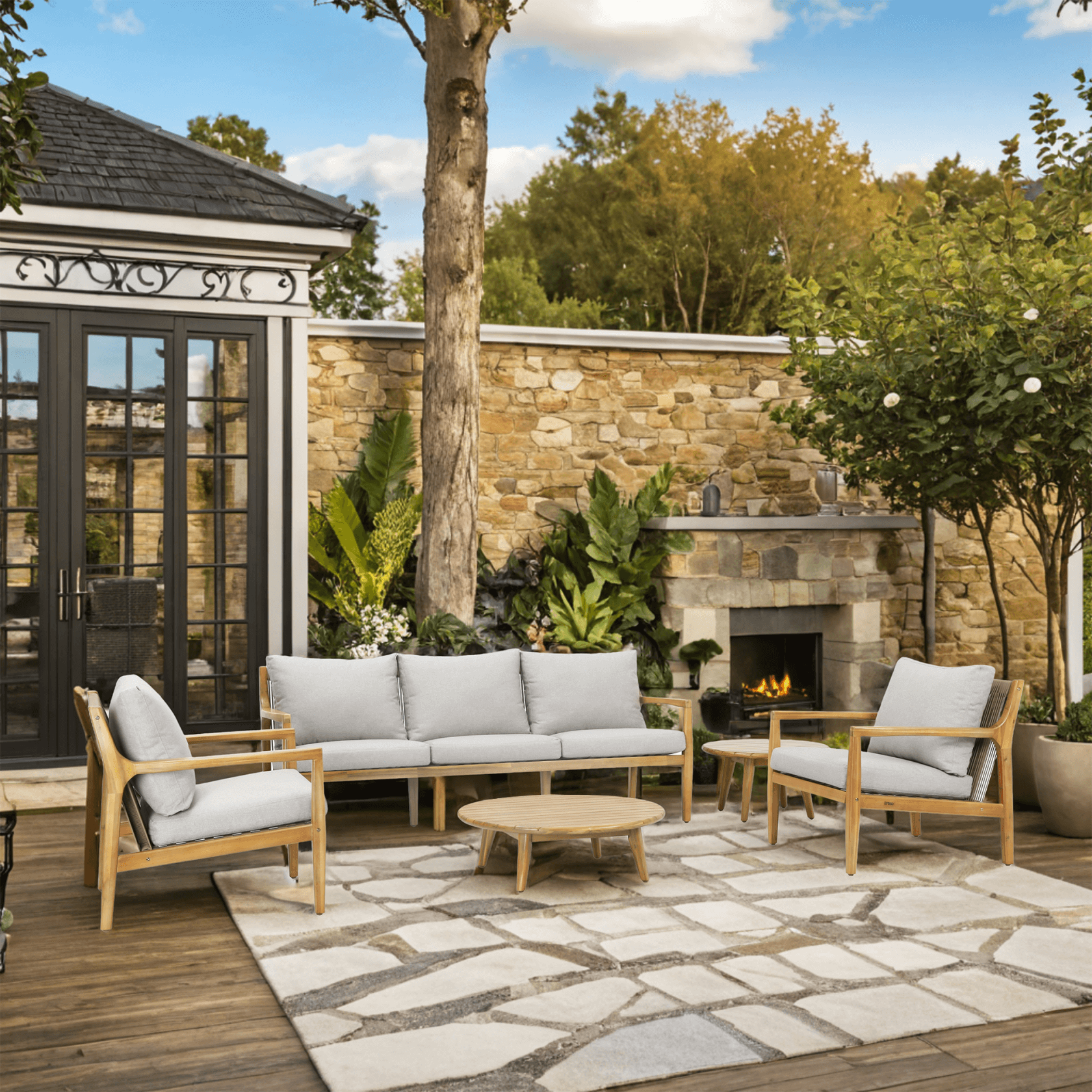 5-Piece Acacia Patio Set – Sofa & Table for Outdoor Gatherings(PAS-2513-3SC+SC*2+TA+ST) - Abrihome