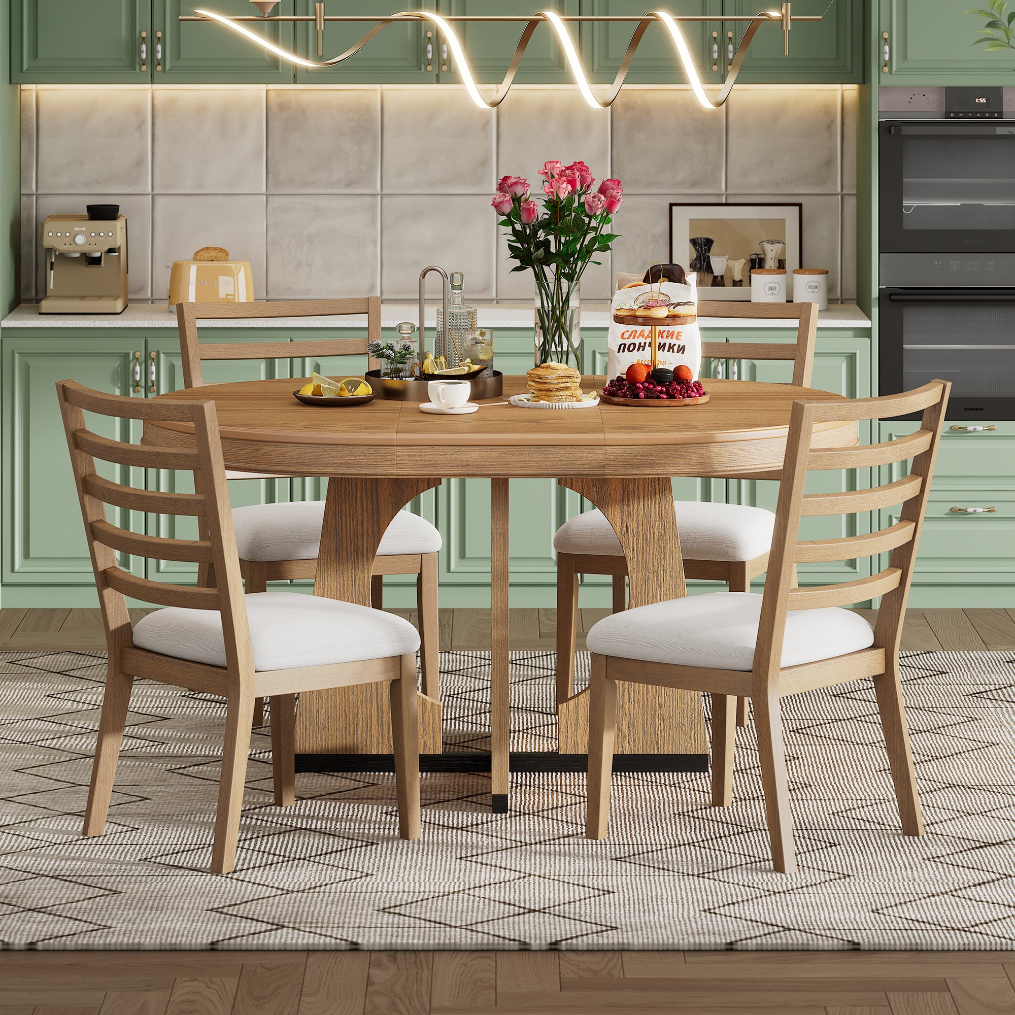 TREXM 5-Piece Retro Rustic Functional Dining Set Unique Geometric Design, 1 Extendable Table with a 16-inch Leaf and 4 Upholstered Chairs Ideal for Dining Room and Kitchen (Natural) - Abrihome