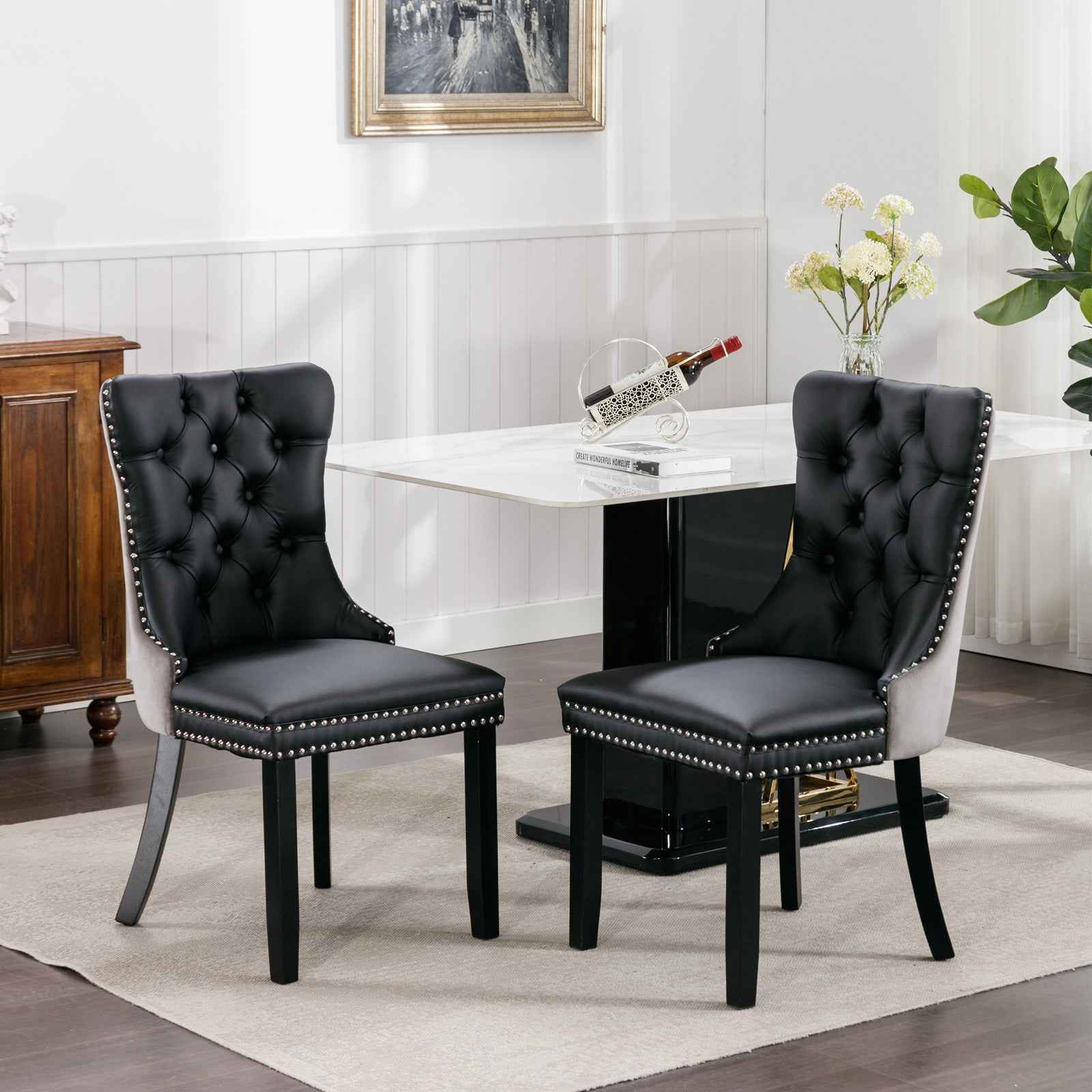 A&A Furniture,Nikki Collection Modern, High-end Tufted Solid Wood Contemporary PU and Velvet Upholstered Dining Chair with Wood Legs Nailhead Trim 2-Pcs Set,Black+Gray, SW2101BG