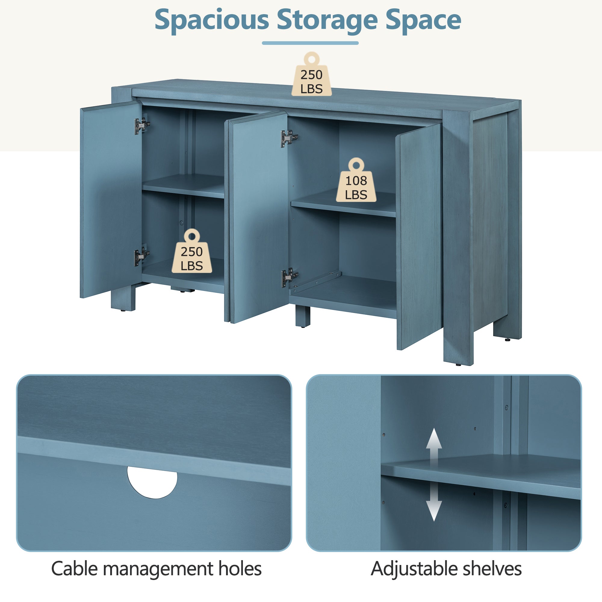 TREXM Retro 4-door Sideboard with Distressed Finish and Adjustable Shelves for Dining Room, Kitchen, and Living Room (Navy) - Abrihome