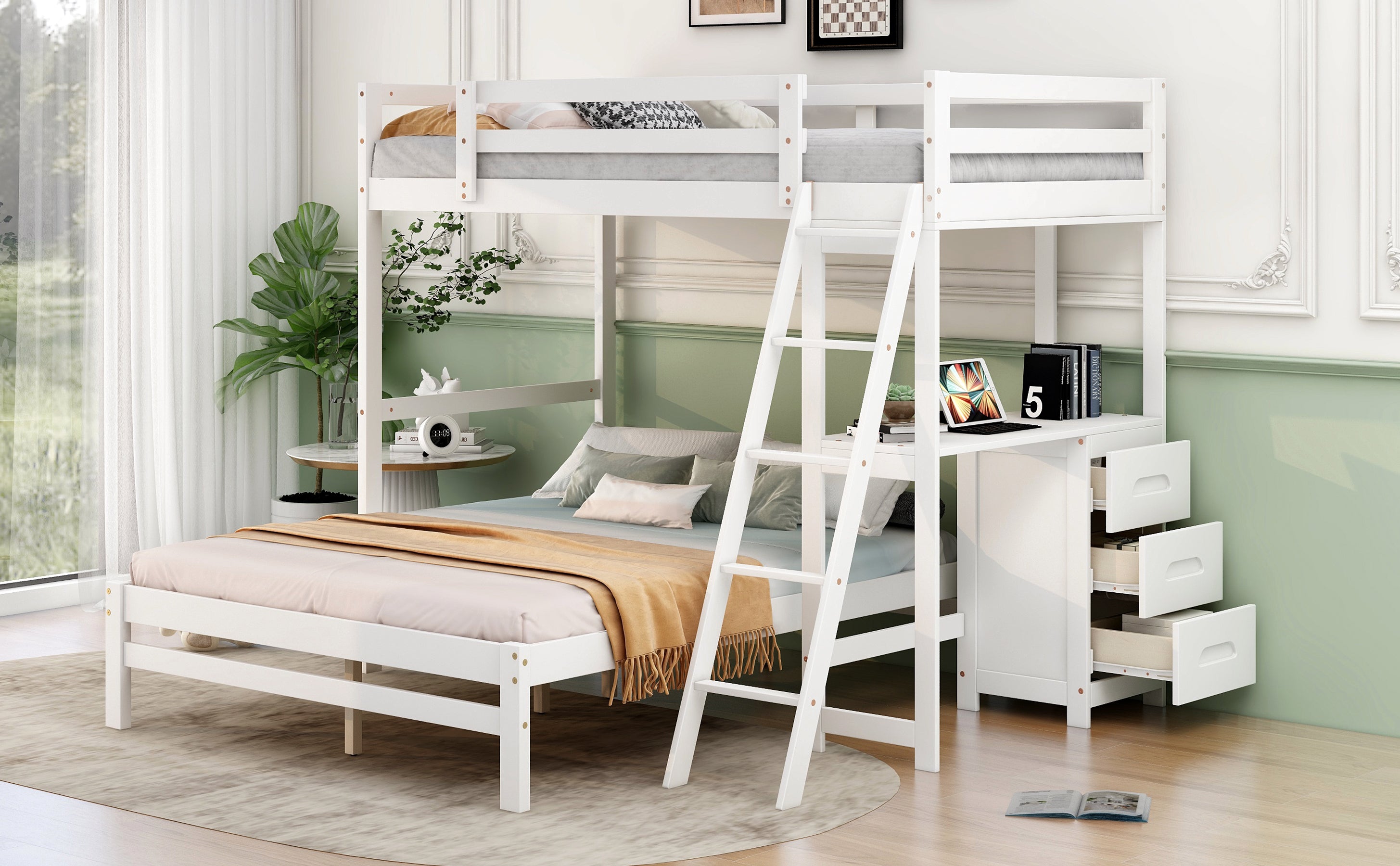 Twin over Full Bunk Bed with Built-in Desk and Three Drawers,White - Abrihome
