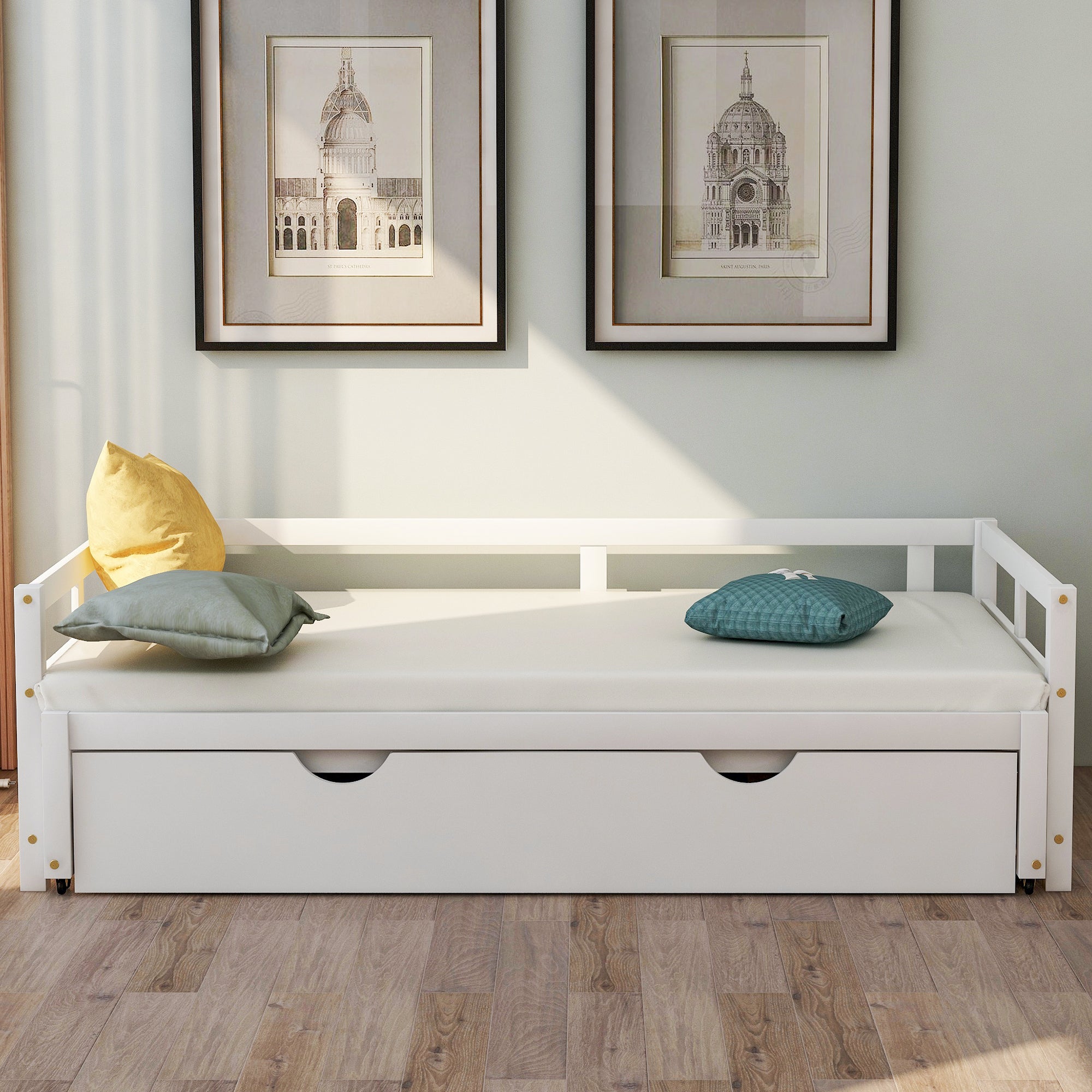 Extending Daybed with Trundle, Wooden Daybed with Trundle, White - Abrihome