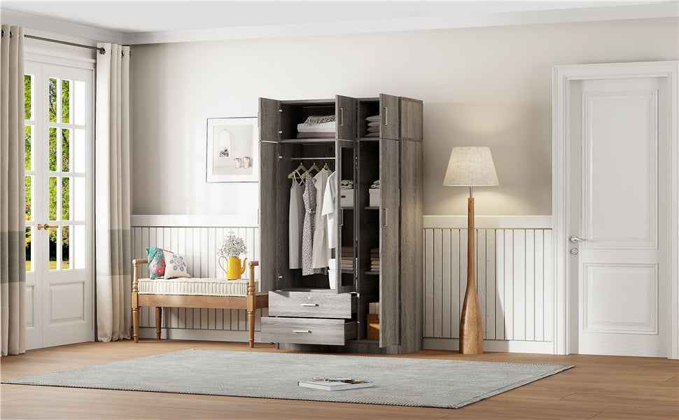 3-Door Mirror Wardrobe with 2 Drawers and Top Cabinet,Gray