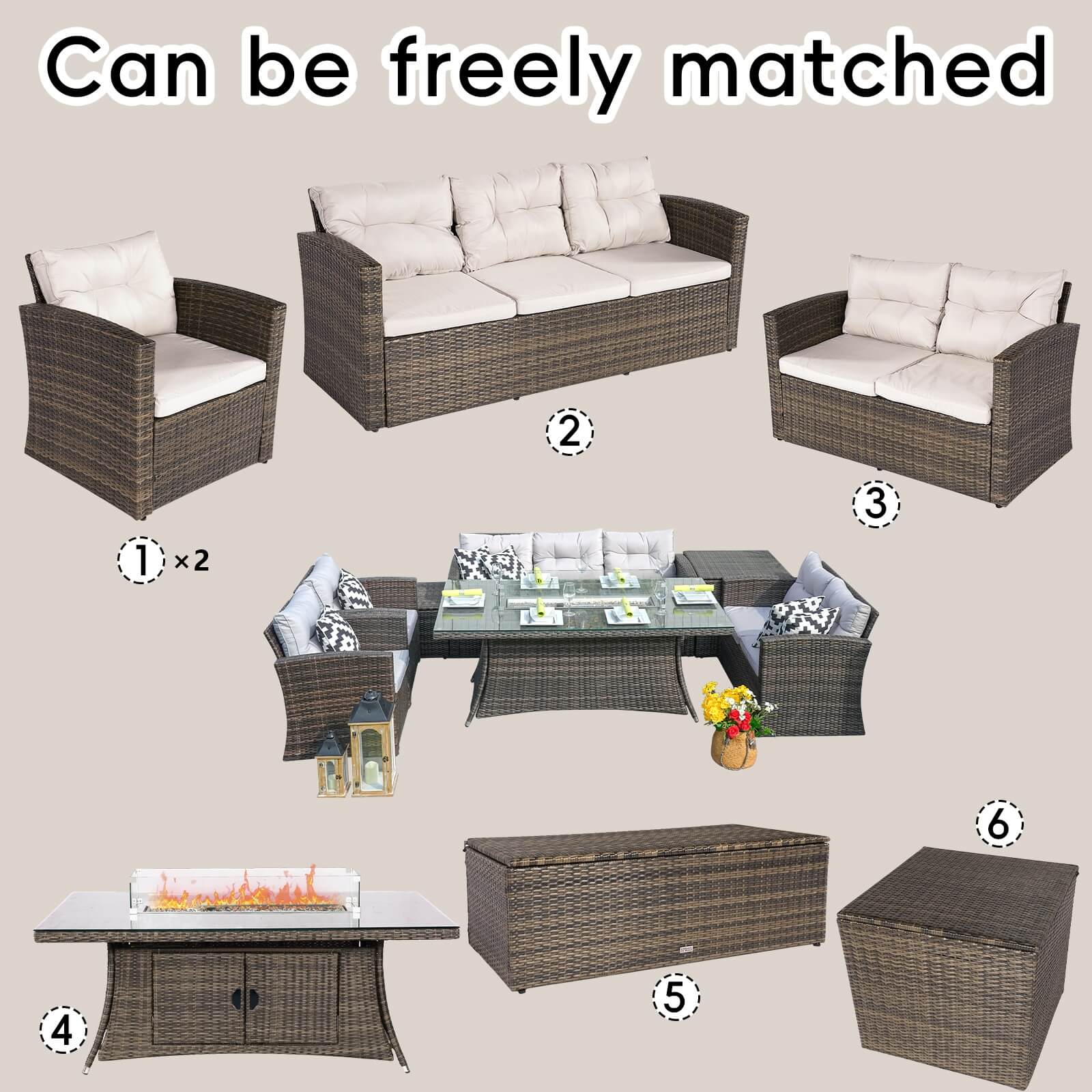 Complete 7-Piece Outdoor Seating Set with Fire Pit and Extra Storage Space(PAS-1503+1106R) - Abrihome