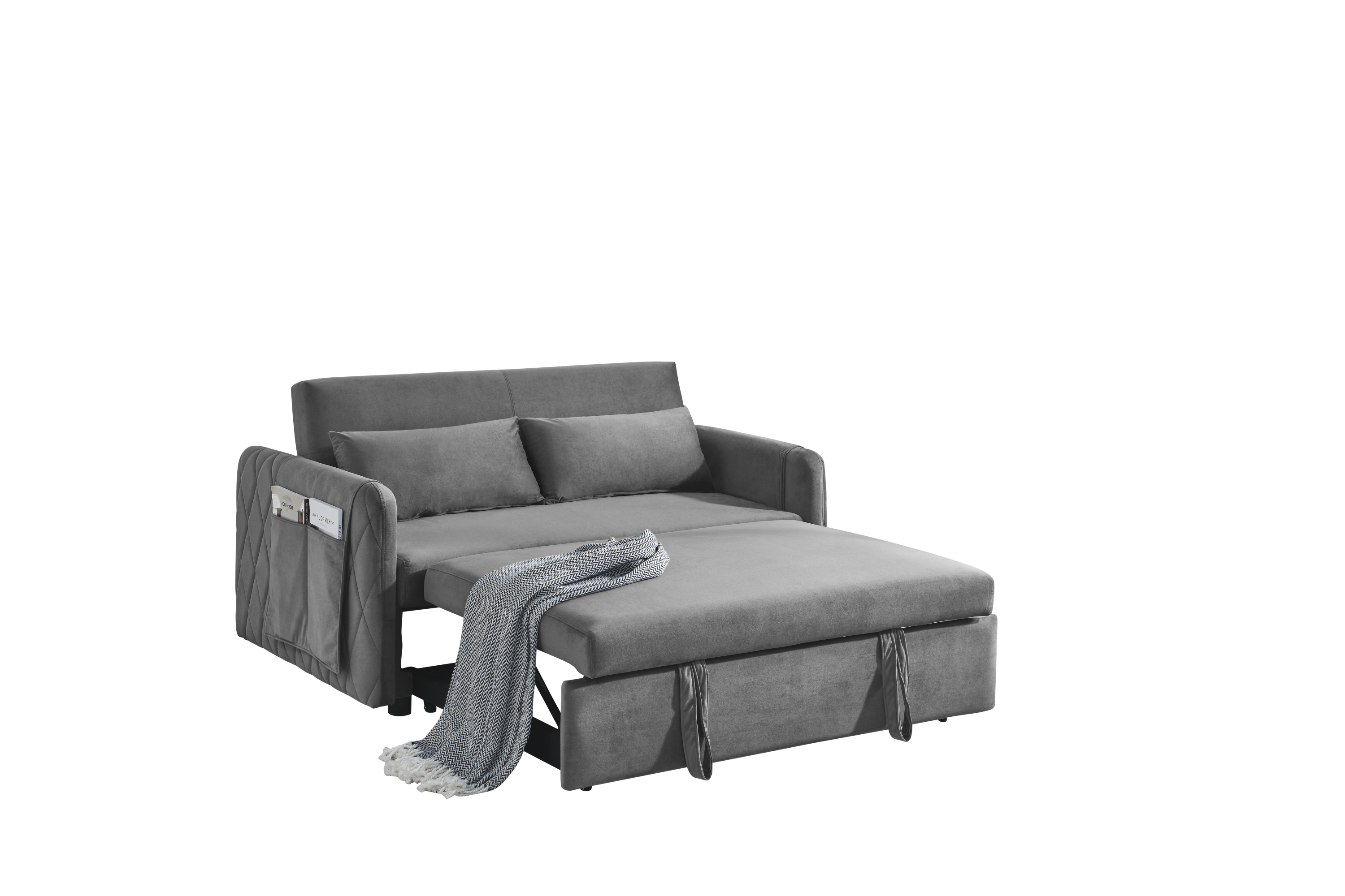 55" Modern Convertible Sofa Bed with 2 Detachable Arm Pockets, Velvet Loveseat Sofa with Pull Out Bed, 2 Pillows and Living Room Adjustable Backrest, Grid Design Armrests