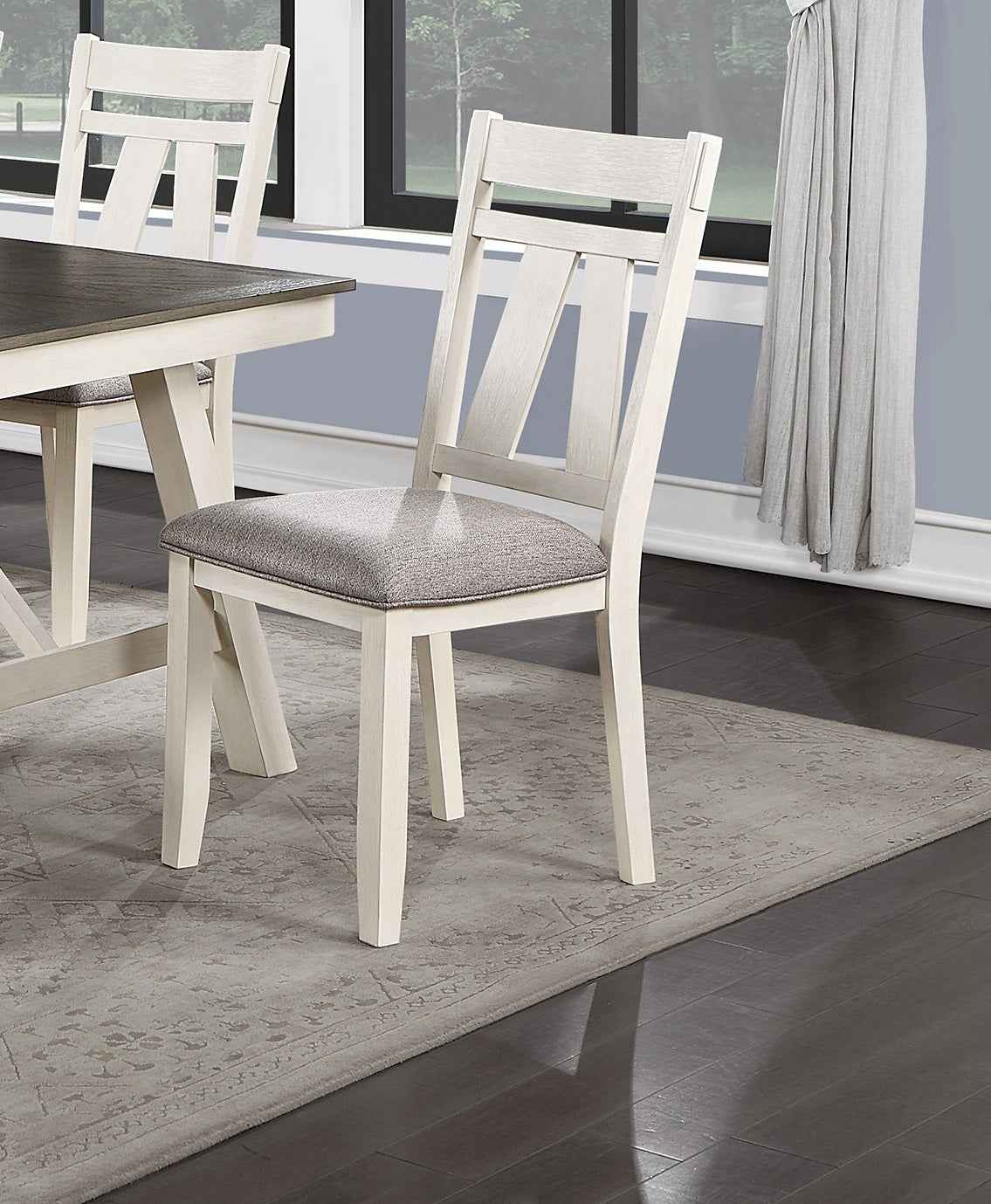 Dining Room Furniture Set of 2 Chairs Gray Fabric Cushion Seat White Clean Lines Side Chairs