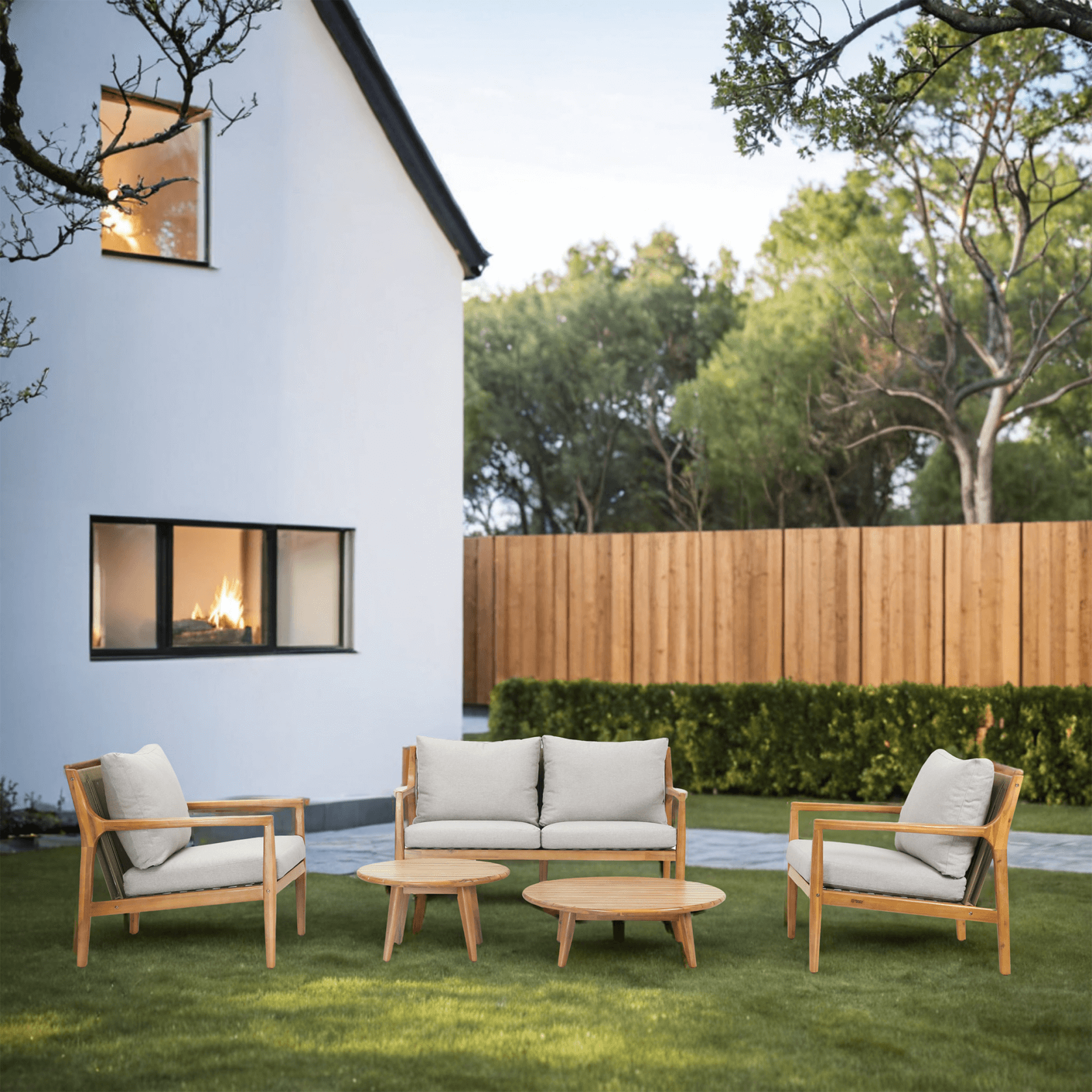 5-Piece Solid Acacia Wood Outdoor Sofa Set(PAS-2513-2SC+SC*2+TA+ST) - Abrihome