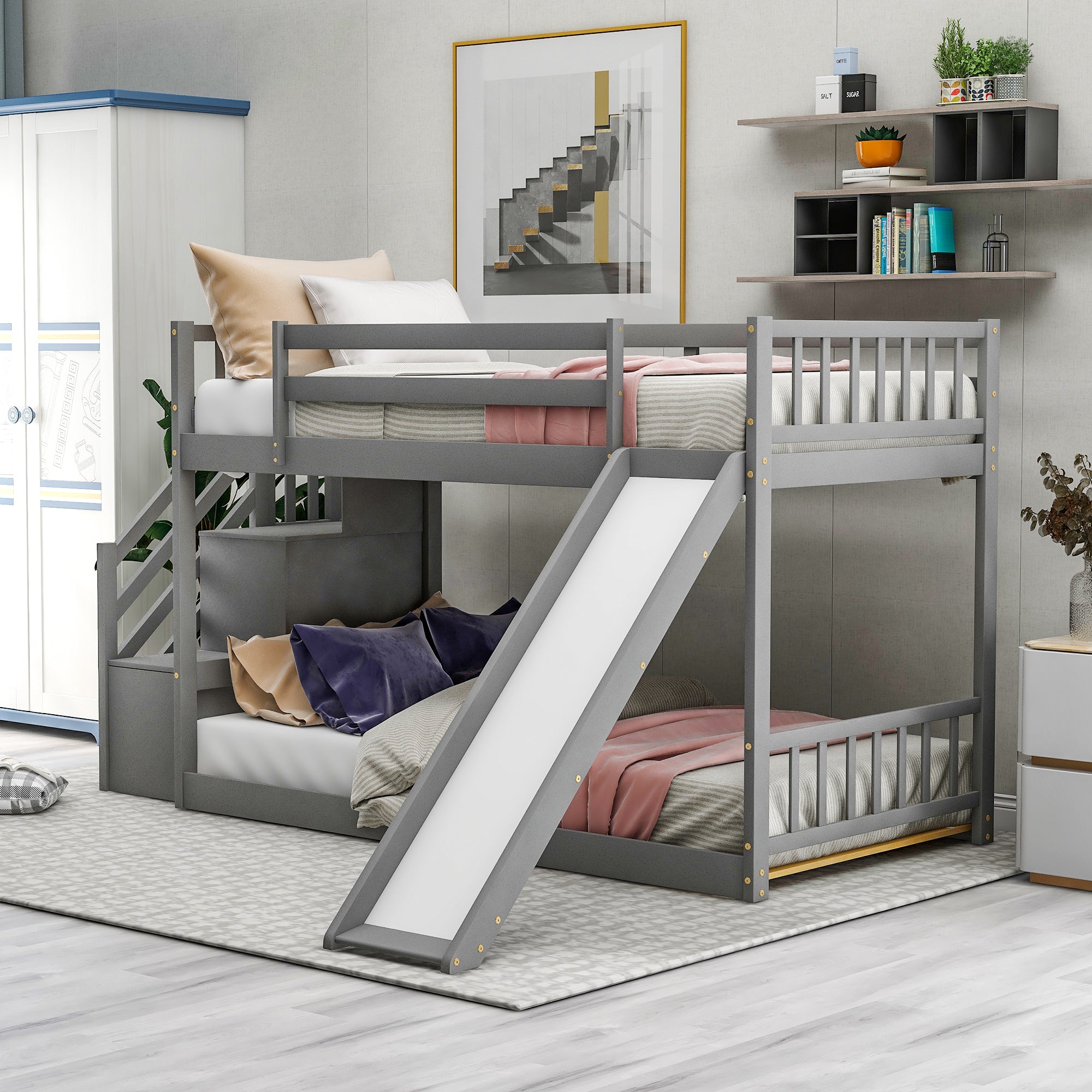 Twin over Twin Bunk Bed with Convertible Slide and Stairway, Gray - Abrihome
