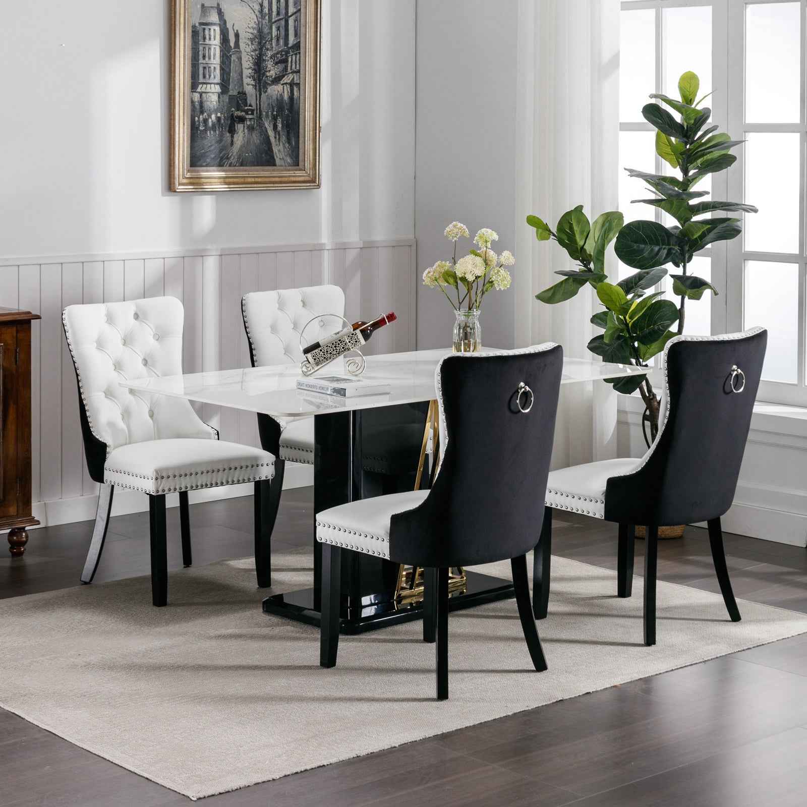 A&A Furniture,Nikki Collection Modern, High-end Tufted Solid Wood Contemporary PU and Velvet Upholstered Dining Chair with Wood Legs Nailhead Trim 2-Pcs Set,White+Black, SW2101WB