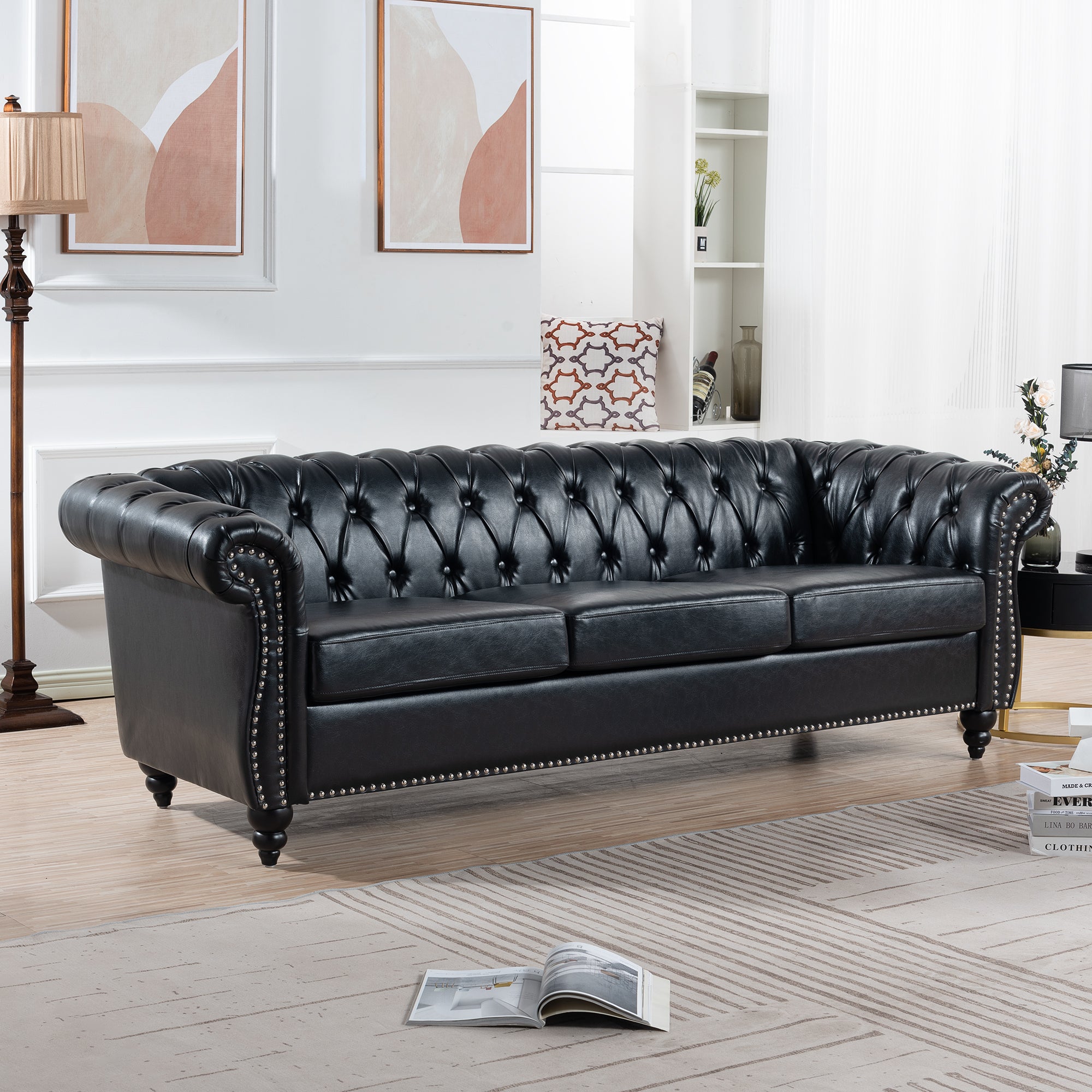 84.65" BLACK PU Rolled Arm Chesterfield Three Seater Sofa. - Abrihome