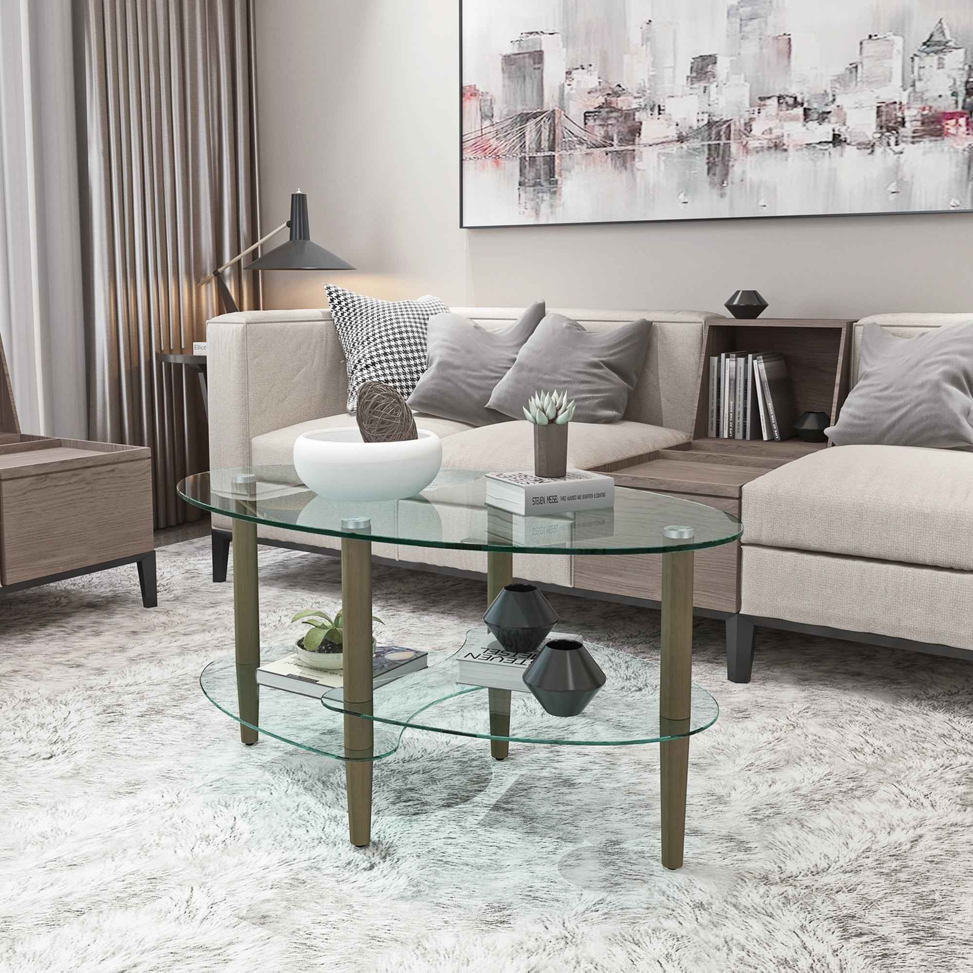 Transparent Oval glass coffee table, modern table in living room Oak wood leg tea table 3-layer glass table