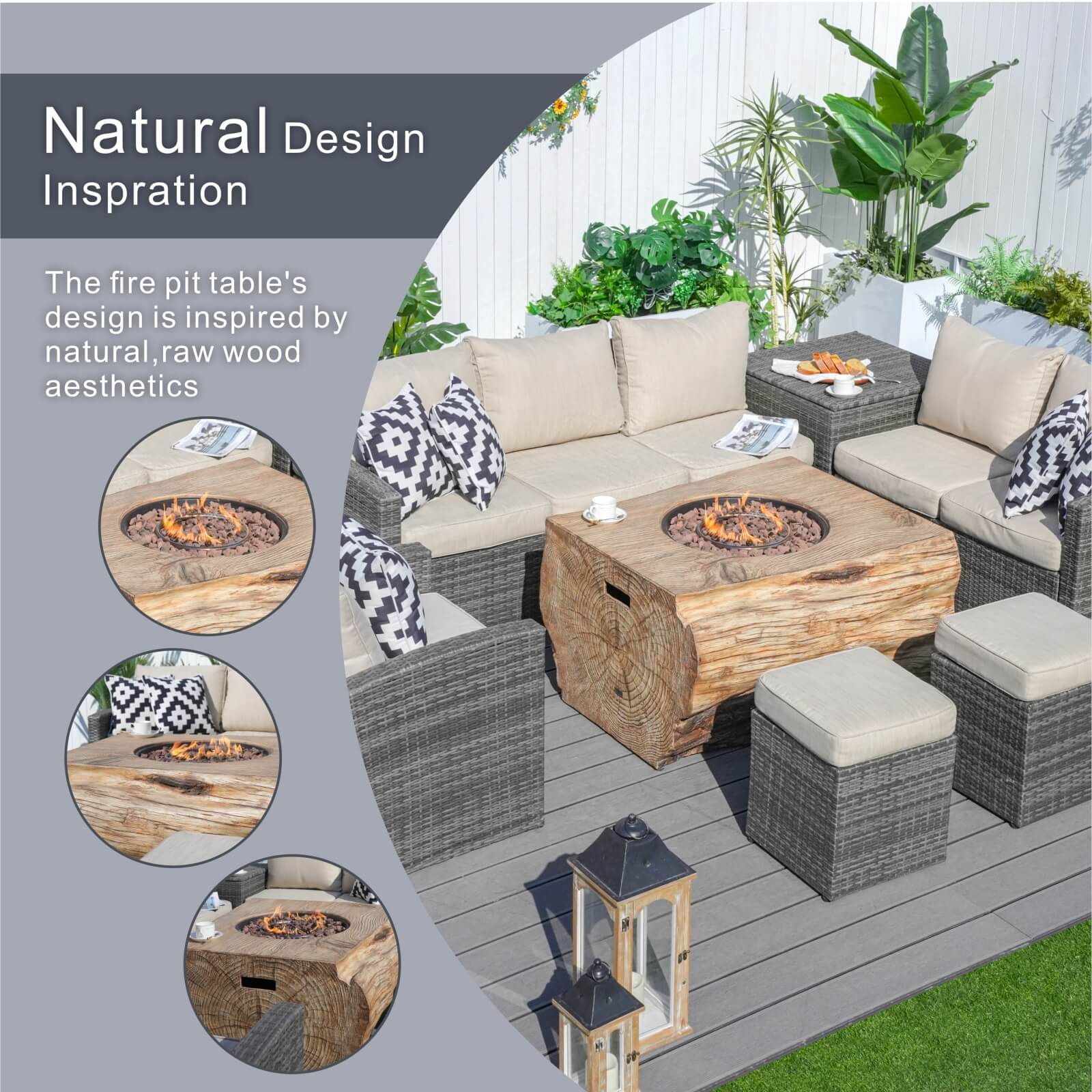 7-Piece Outdoor Fire Pit Set with TerraFlame Rectangle Table(PAG-1403B+2170) - Abrihome