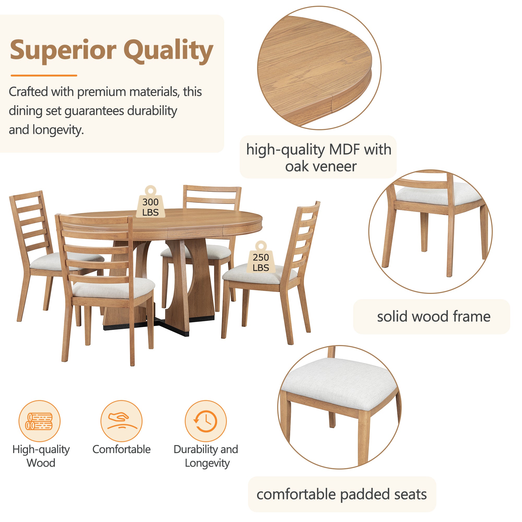 TREXM 5-Piece Retro Rustic Functional Dining Set Unique Geometric Design, 1 Extendable Table with a 16-inch Leaf and 4 Upholstered Chairs Ideal for Dining Room and Kitchen (Natural) - Abrihome