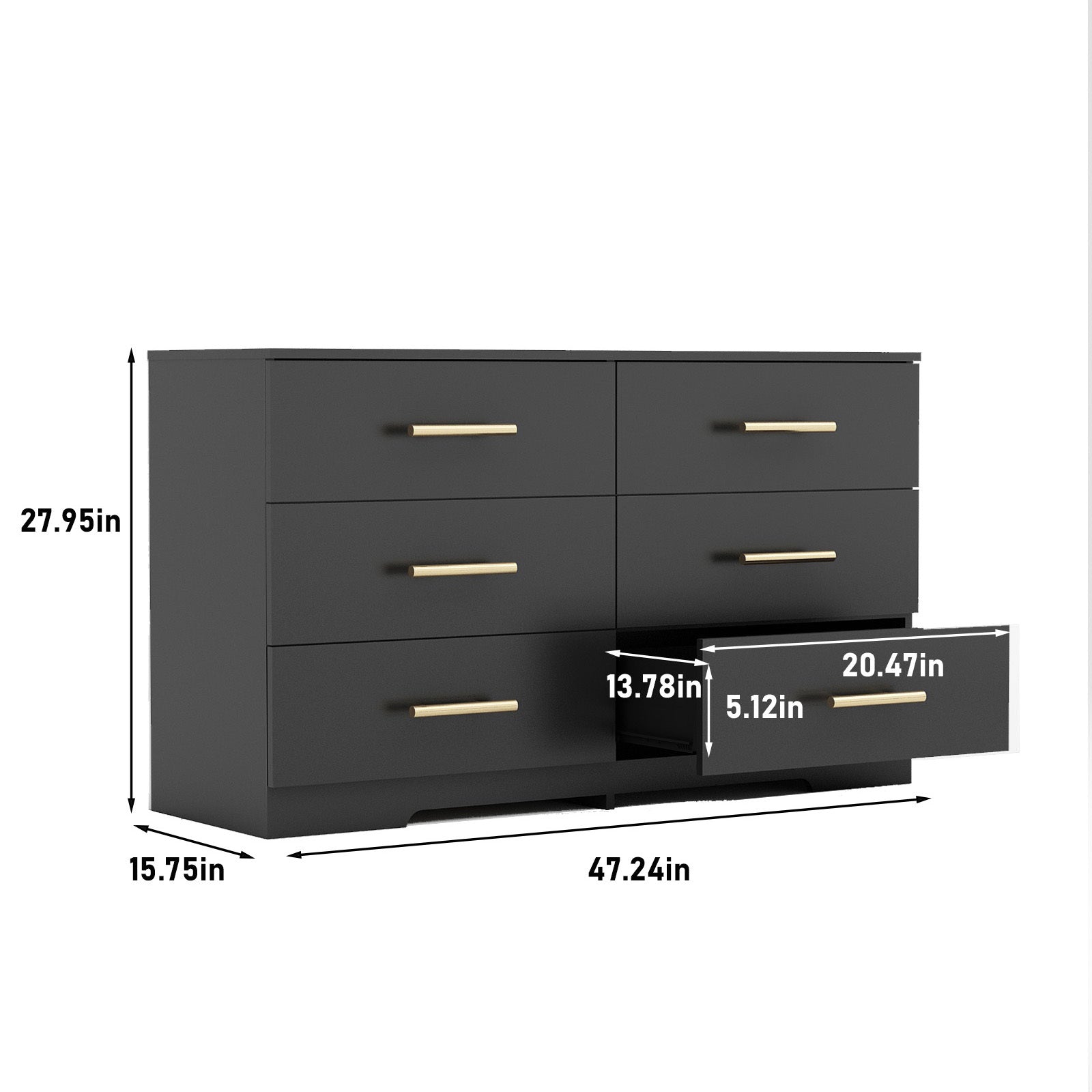 Black color Large 6 drawers chest of drawer dressers table with golden handle - Abrihome