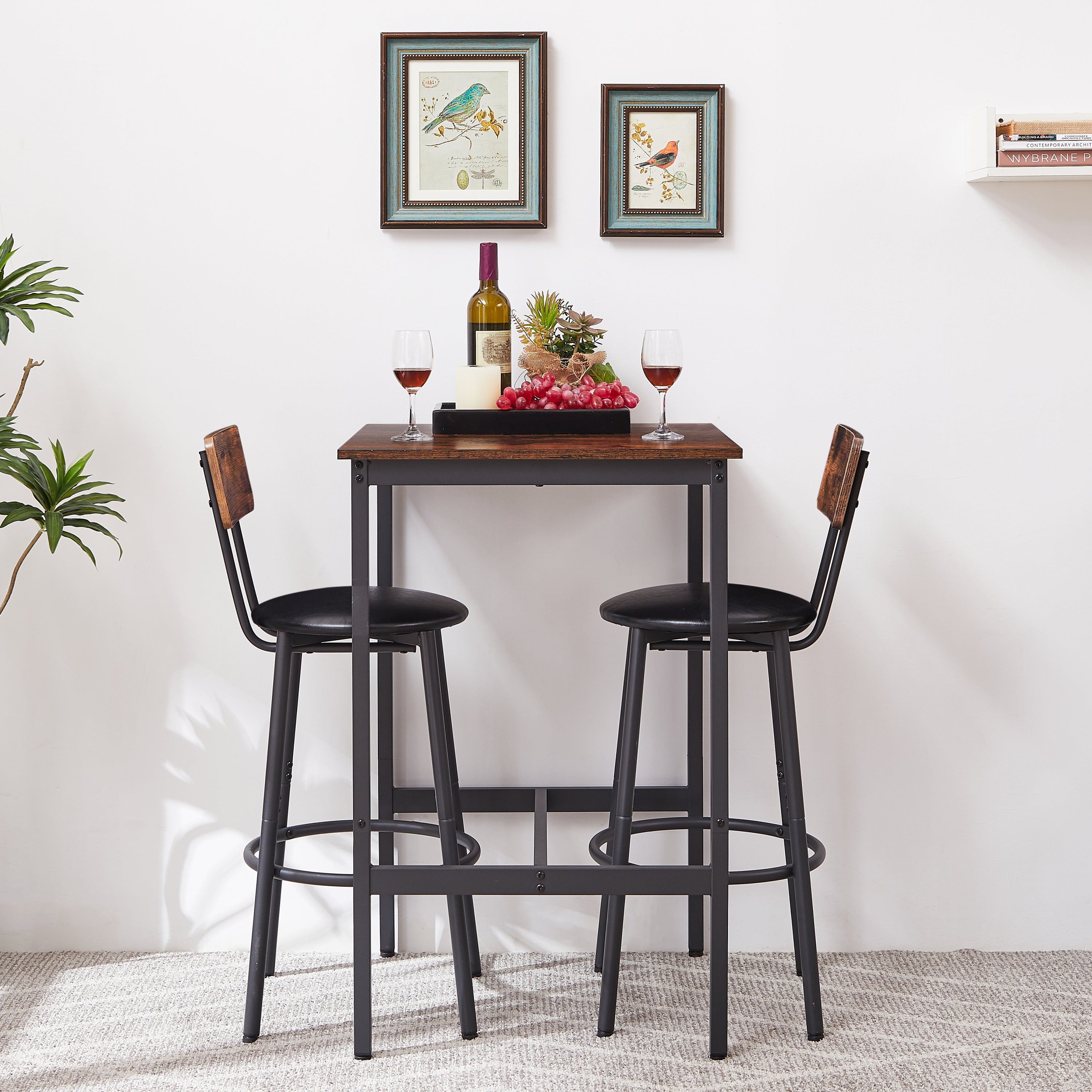 Bar Table Set with 2 Bar stools PU Soft seat with backrest, Rustic Brown, 23.62'' W x 23.62'' D x 35.43'' H - Abrihome