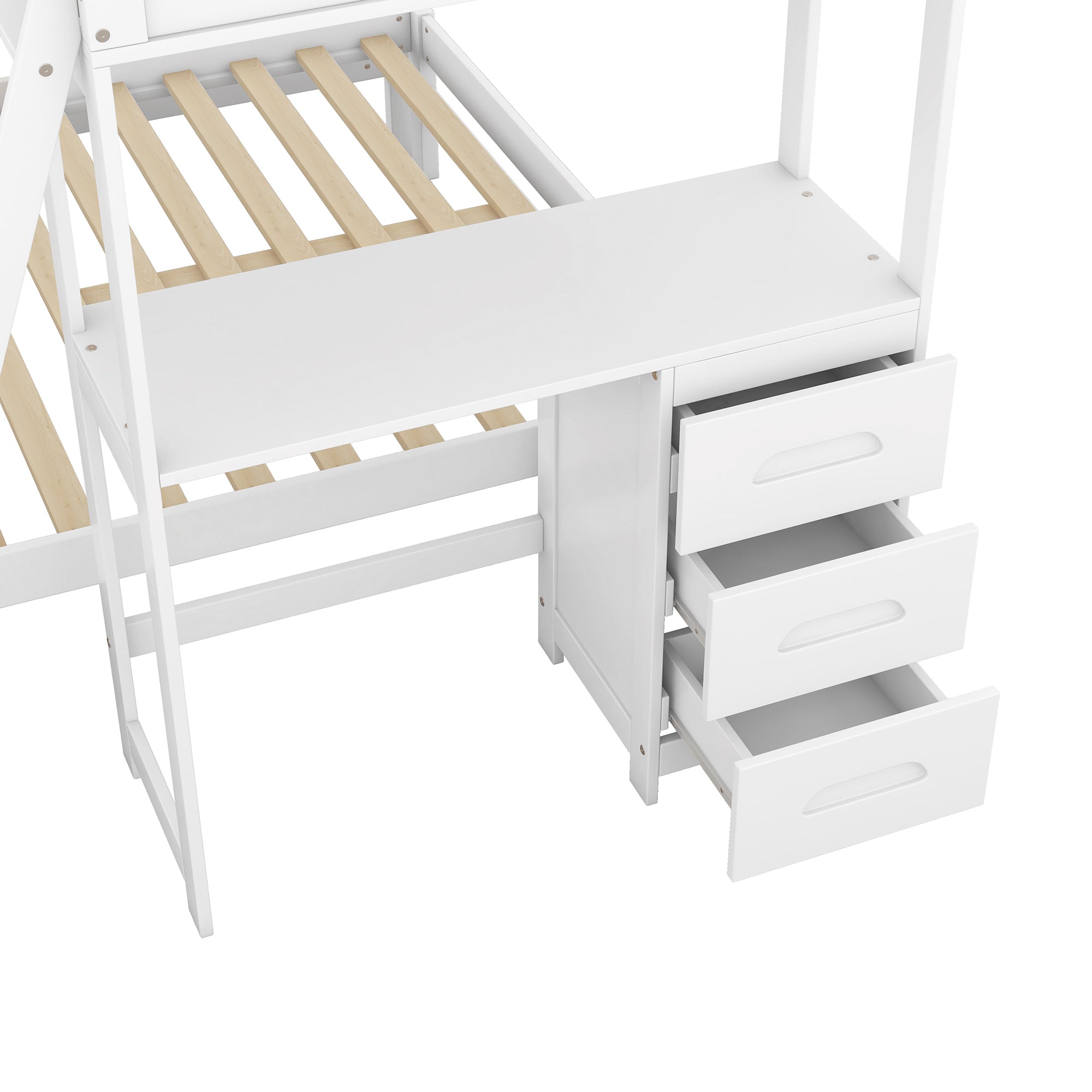 Twin over Full Bunk Bed with Built-in Desk and Three Drawers,White - Abrihome