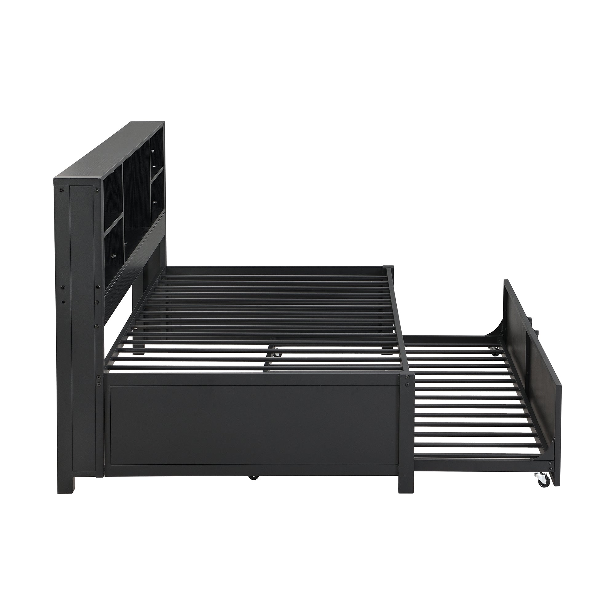 Metal Twin Size Daybed with Twin Size Trundle, Storage Shelves and USB Ports, Black - Abrihome