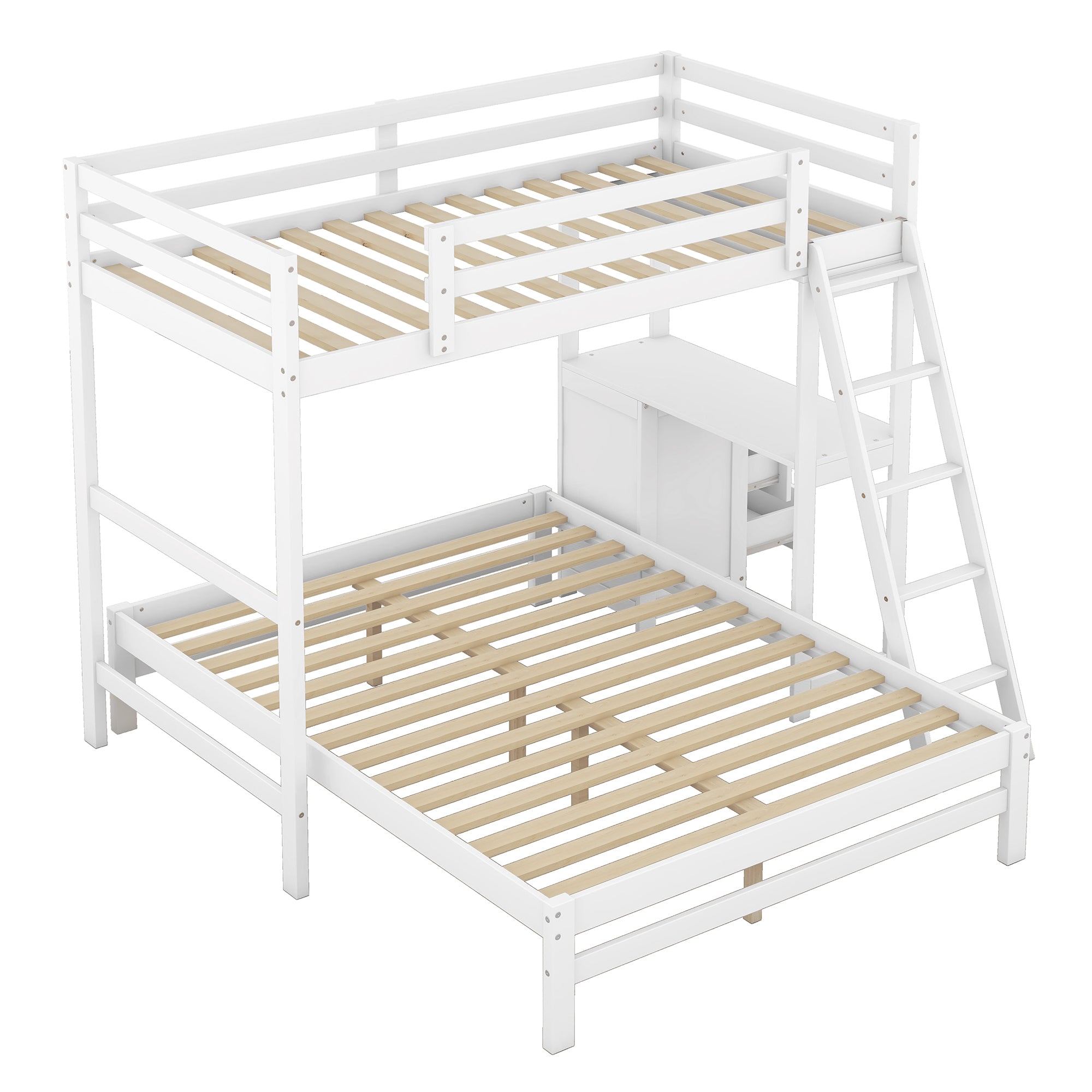 Twin over Full Bunk Bed with Built-in Desk and Three Drawers,White - Abrihome