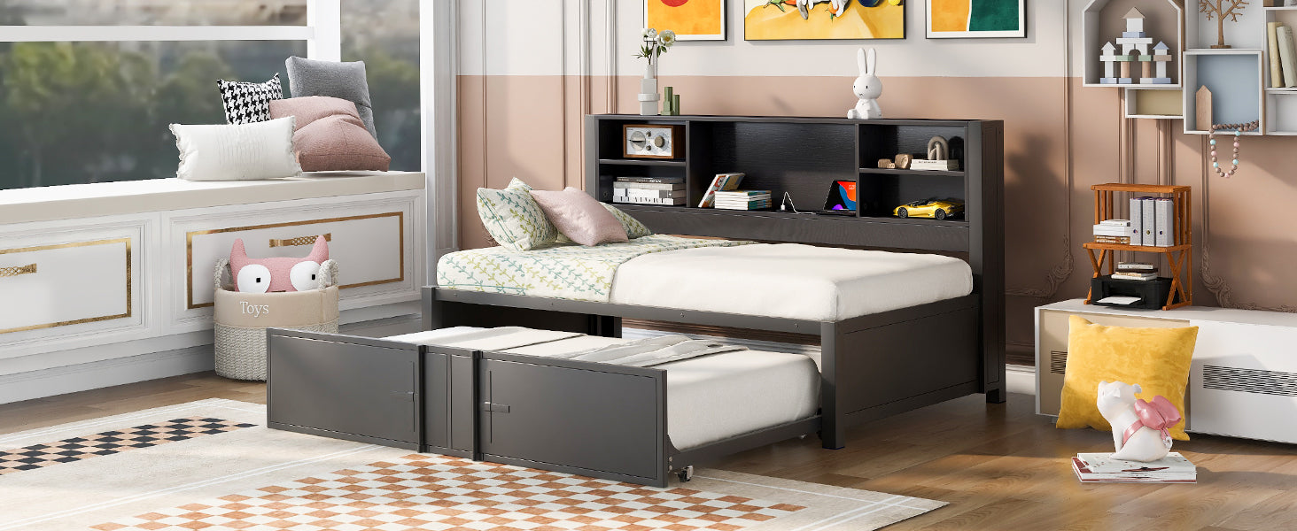 Metal Twin Size Daybed with Twin Size Trundle, Storage Shelves and USB Ports, Black - Abrihome