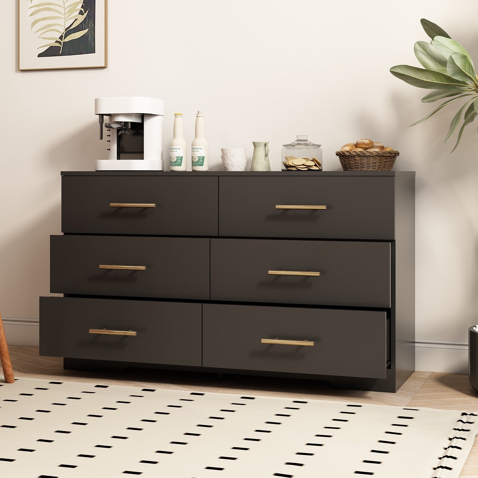 Black color Large 6 drawers chest of drawer dressers table with golden handle - Abrihome