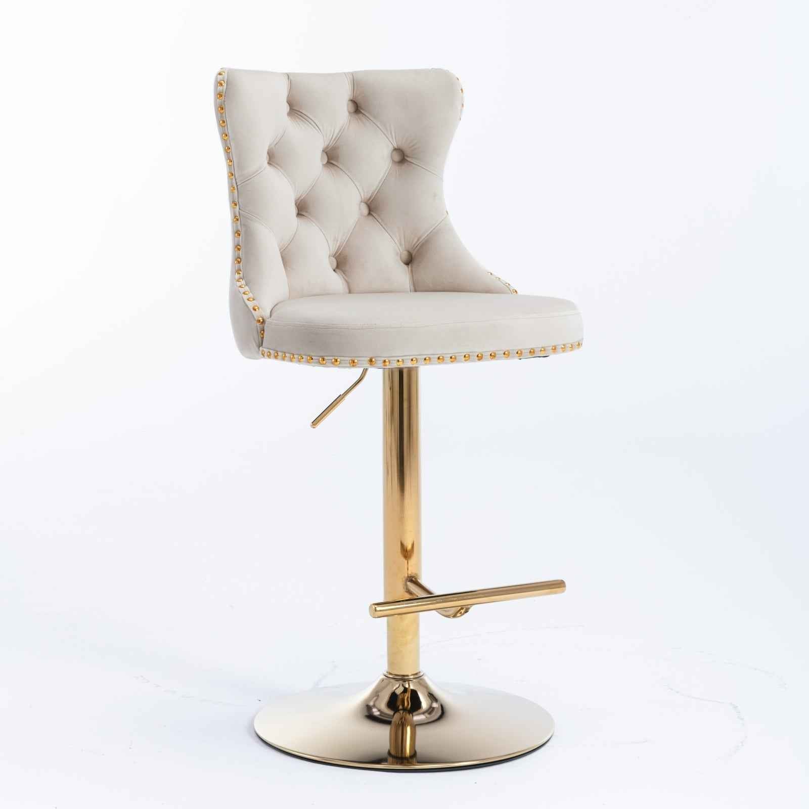 A&A Furniture,Golden Swivel Velvet Barstools Adjusatble Seat Height from 25-33 Inch,Modern Upholstered Bar Stools with Backs Comfortable Tufted for Home Pub and Kitchen Island,Beige,Set of 2