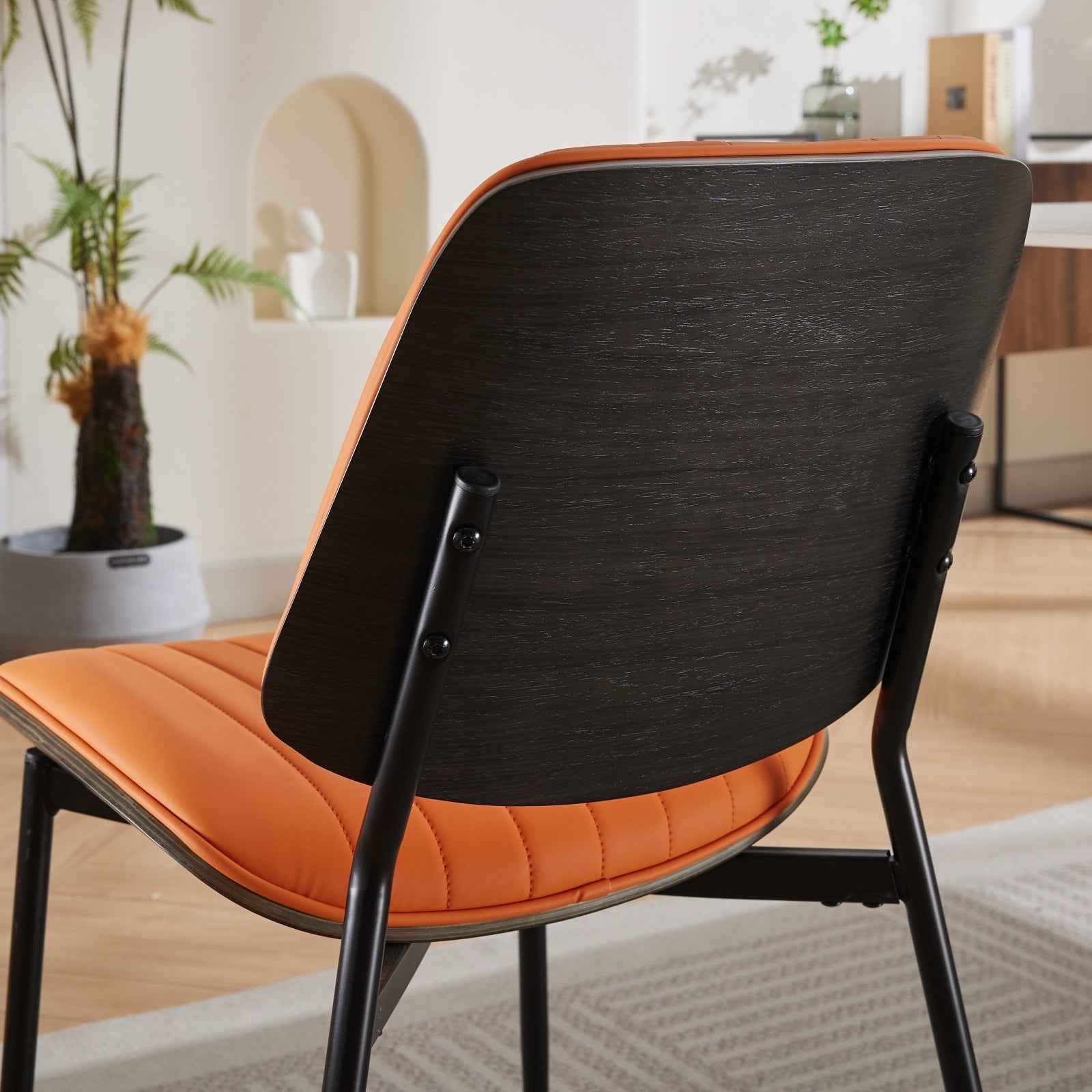 A&A Furniture, Dining Chairs Set of 2 Mid Century Modern Retro Faux Leather Chair with Walnut Bentwood Back Upholstered Seat Metal Legs Adjustable Foot for Kitchen Dining Room Chairs(Orange PU)