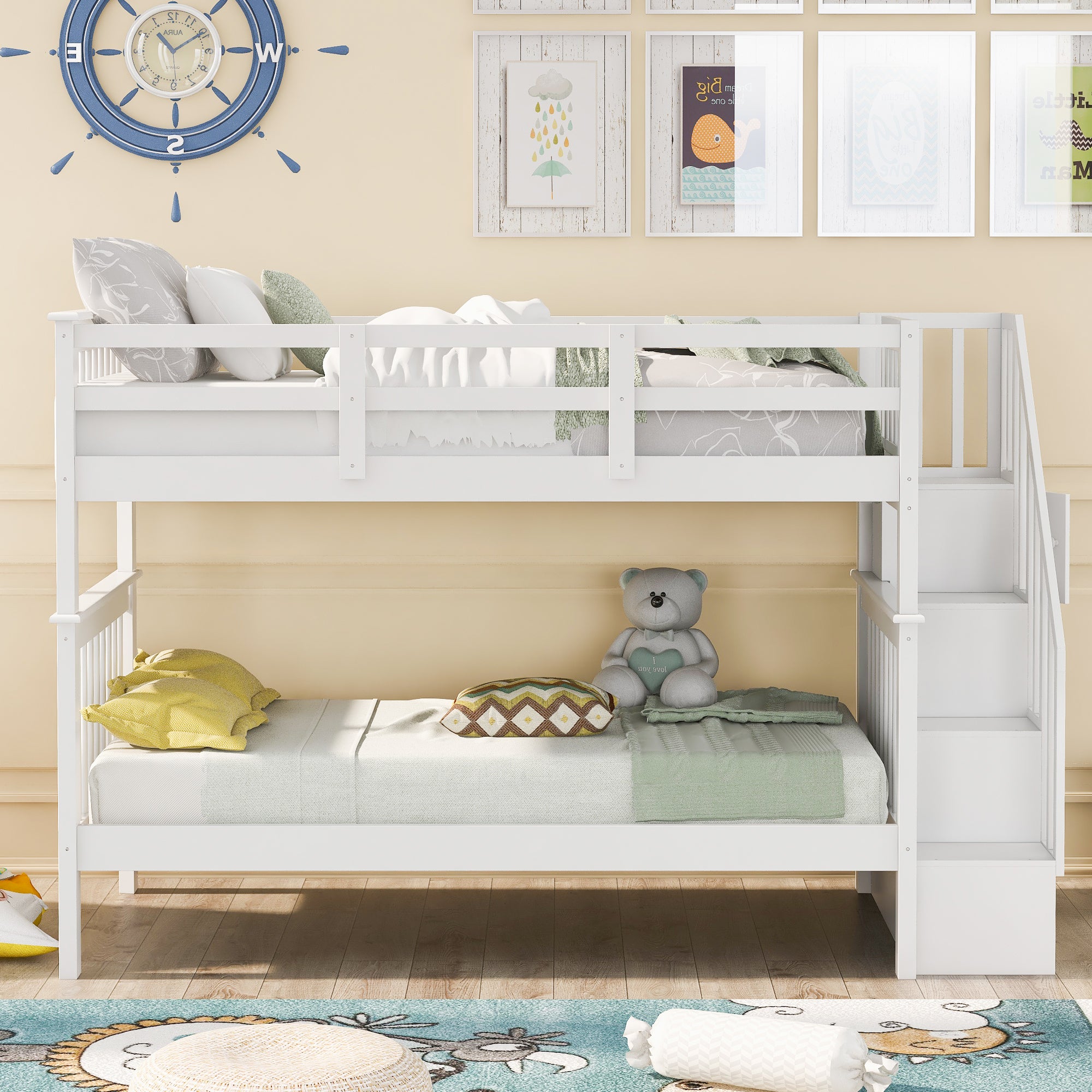 Stairway Twin-Over-Twin Bunk Bed with Storage and Guard Rail for Bedroom, Dorm, White color(OLD SKU :LP000109AAK) - Abrihome