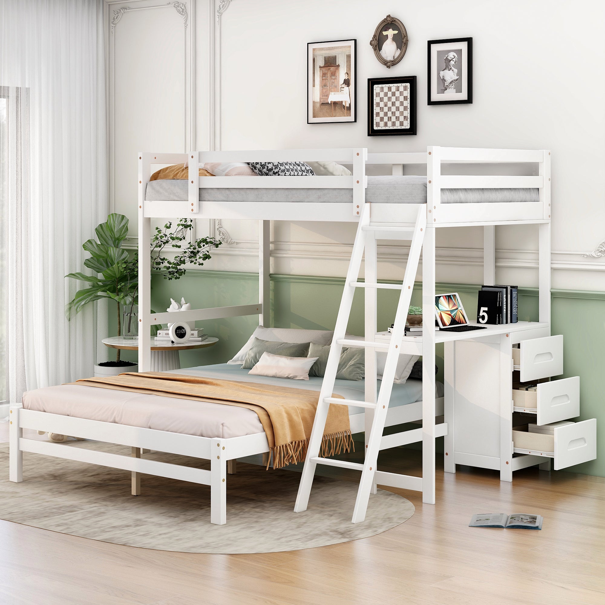 Twin over Full Bunk Bed with Built-in Desk and Three Drawers,White - Abrihome