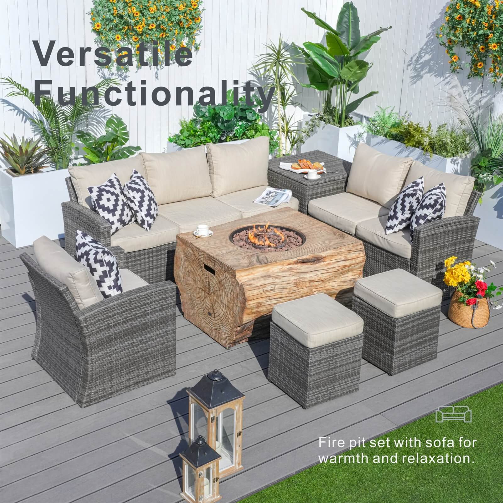 7-Piece Outdoor Fire Pit Set with TerraFlame Rectangle Table(PAG-1403B+2170) - Abrihome