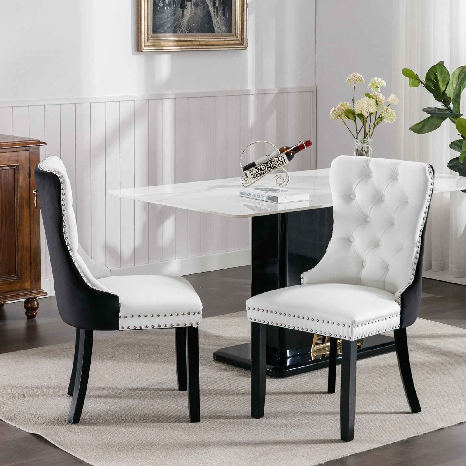 A&A Furniture,Nikki Collection Modern, High-end Tufted Solid Wood Contemporary PU and Velvet Upholstered Dining Chair with Wood Legs Nailhead Trim 2-Pcs Set,White+Black, SW2101WB