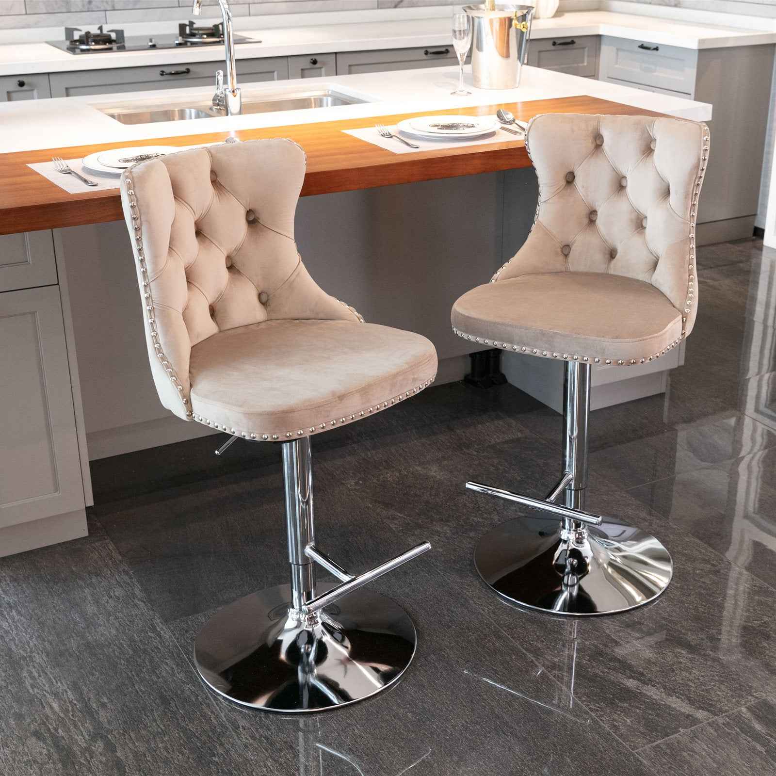 A&A Furniture,Swivel Velvet Barstools Adjusatble Seat Height from 25-33 Inch, Modern Upholstered Chrome base Bar Stools with Backs Comfortable Tufted for Home Pub and Kitchen Island(Khaki,Set of 2)