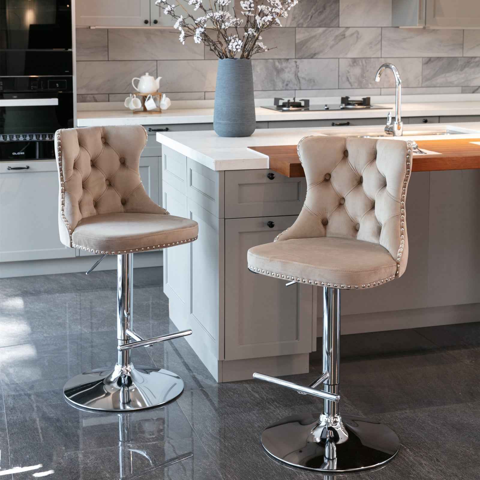 A&A Furniture,Swivel Velvet Barstools Adjusatble Seat Height from 25-33 Inch, Modern Upholstered Chrome base Bar Stools with Backs Comfortable Tufted for Home Pub and Kitchen Island(Khaki,Set of 2)