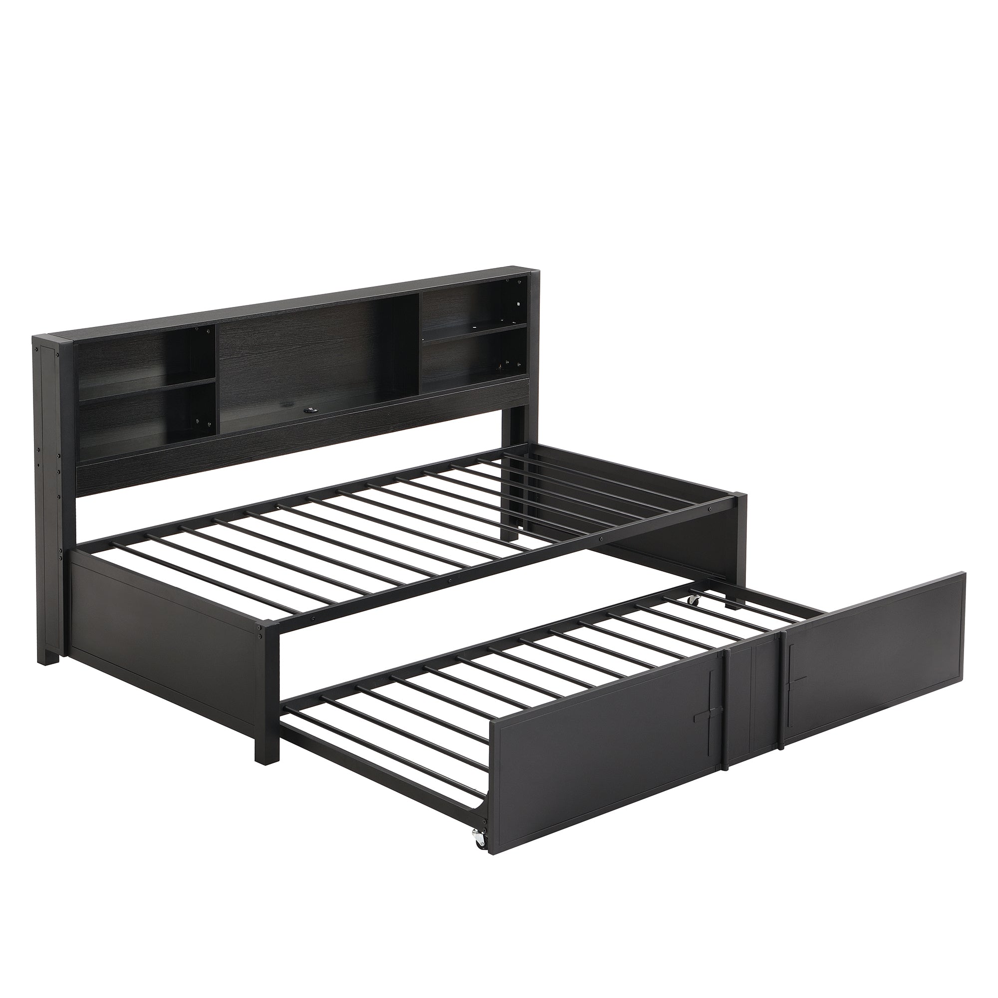 Metal Twin Size Daybed with Twin Size Trundle, Storage Shelves and USB Ports, Black - Abrihome