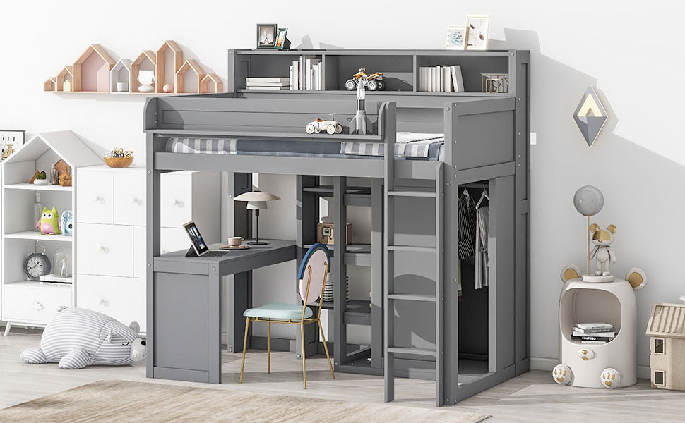 Wood Twin Size Loft bed with Multiple Storage Shelves and Wardrobe, Gray - Abrihome