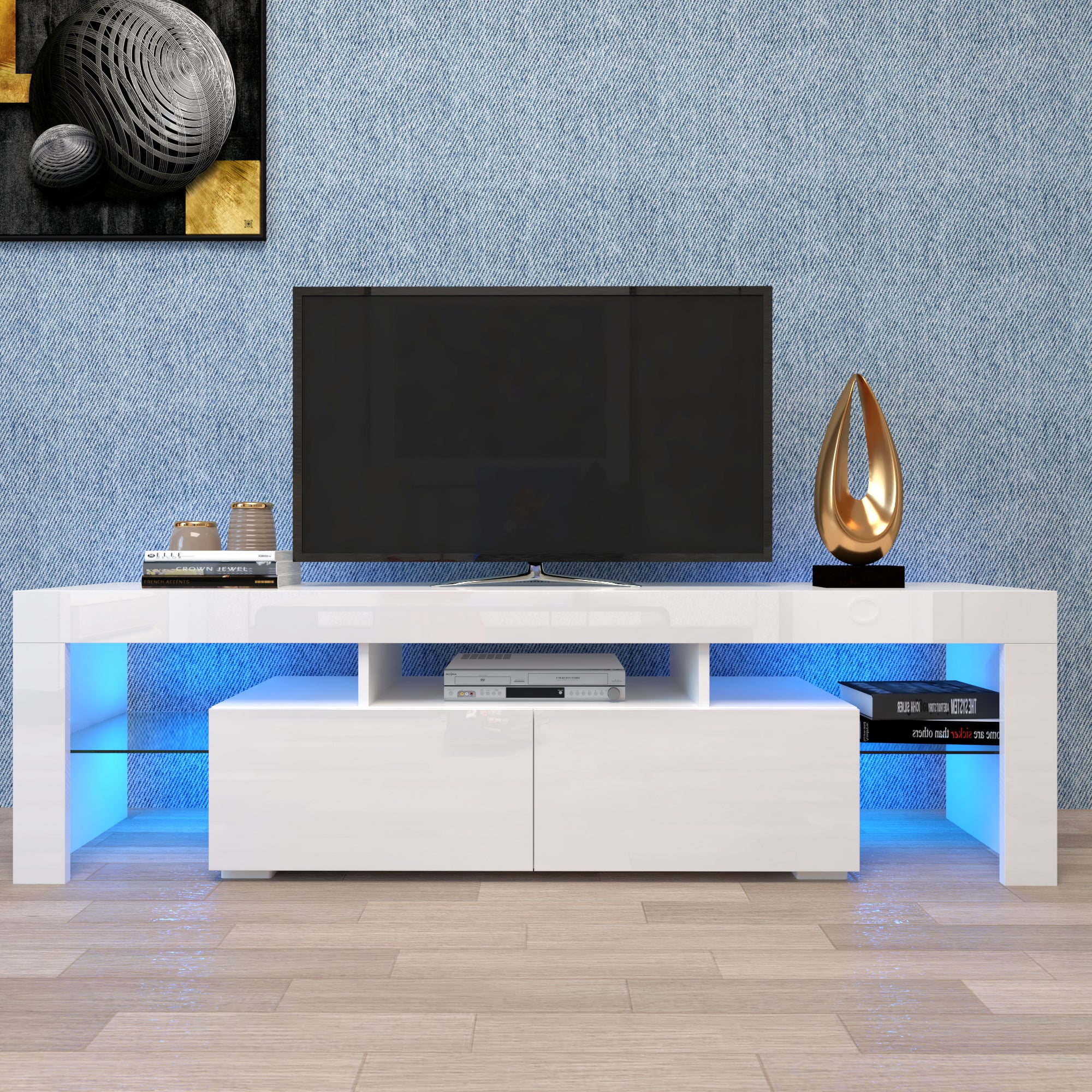 Modern White TV Stand, 20 Colors LED TV Stand w/Remote Control Lights - Abrihome