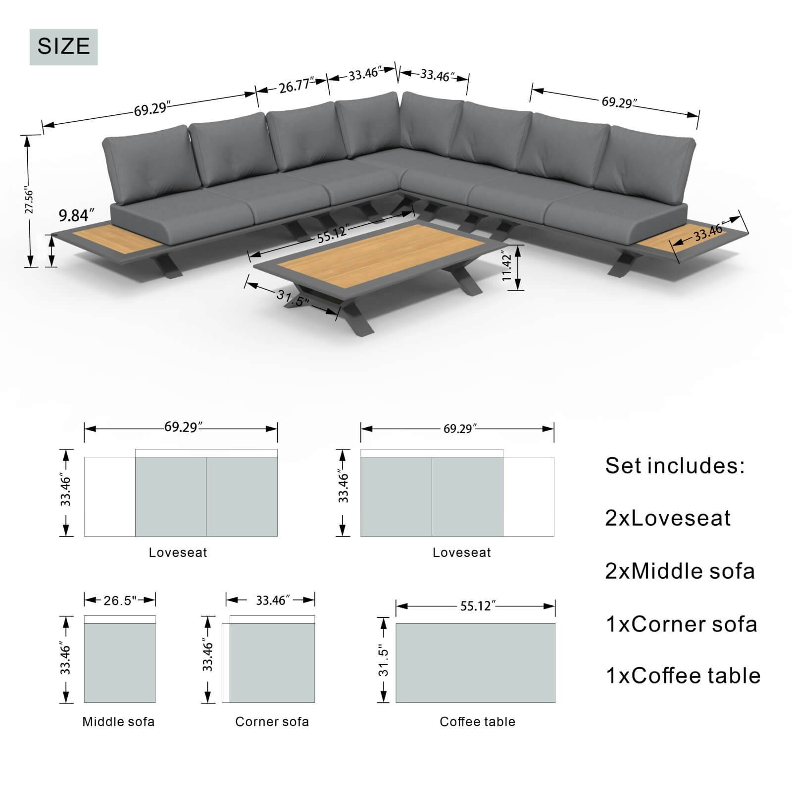 High-grade teak handrails aluminum dew pipe sofa garden set(PAS-2323) - Abrihome