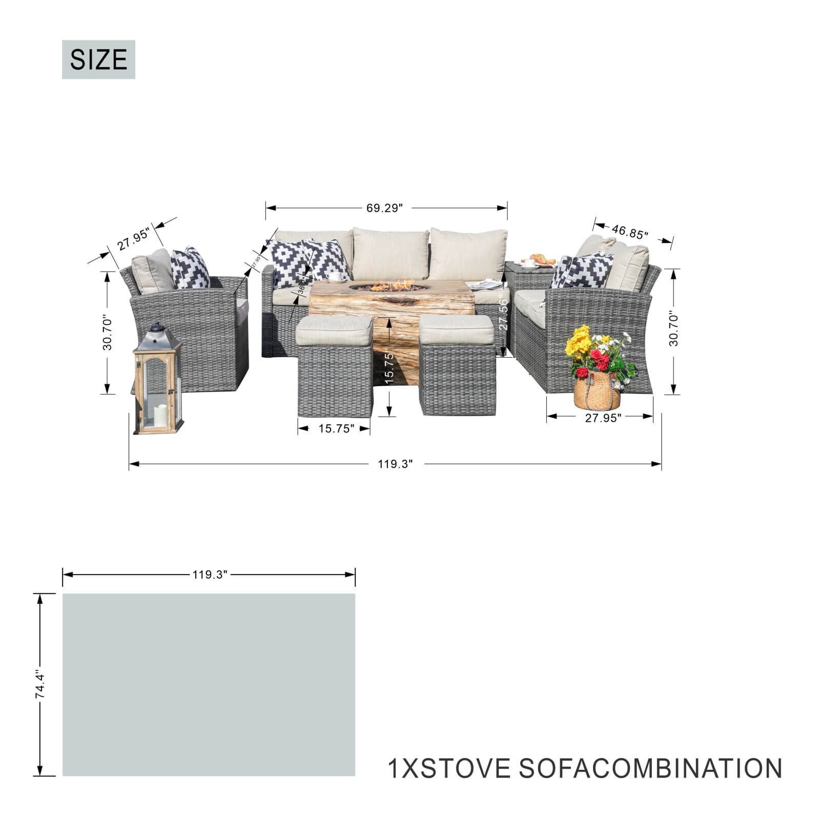 7-Piece Outdoor Fire Pit Set with TerraFlame Rectangle Table(PAG-1403B+2170) - Abrihome
