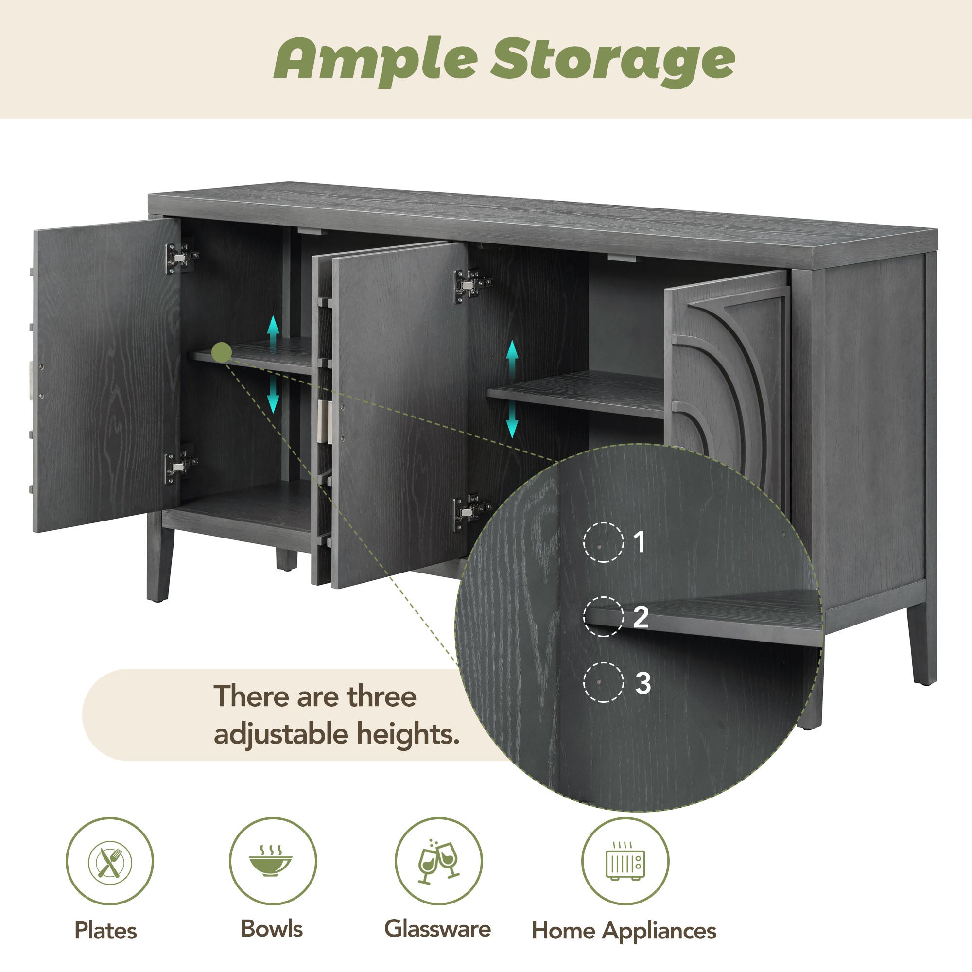 TREXM Retro Sideboard door with Circular Groove Design Round Metal Door Handle for Entrance, Dinning Room, Living Room (Gray) - Abrihome