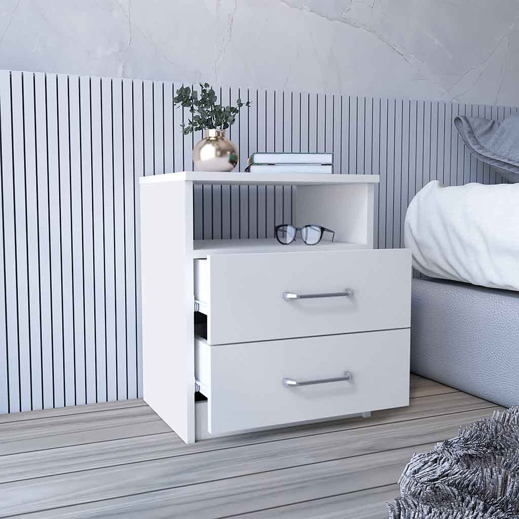 Nightstand Olienza, Two Drawers, One Shelf, White Finish - Abrihome